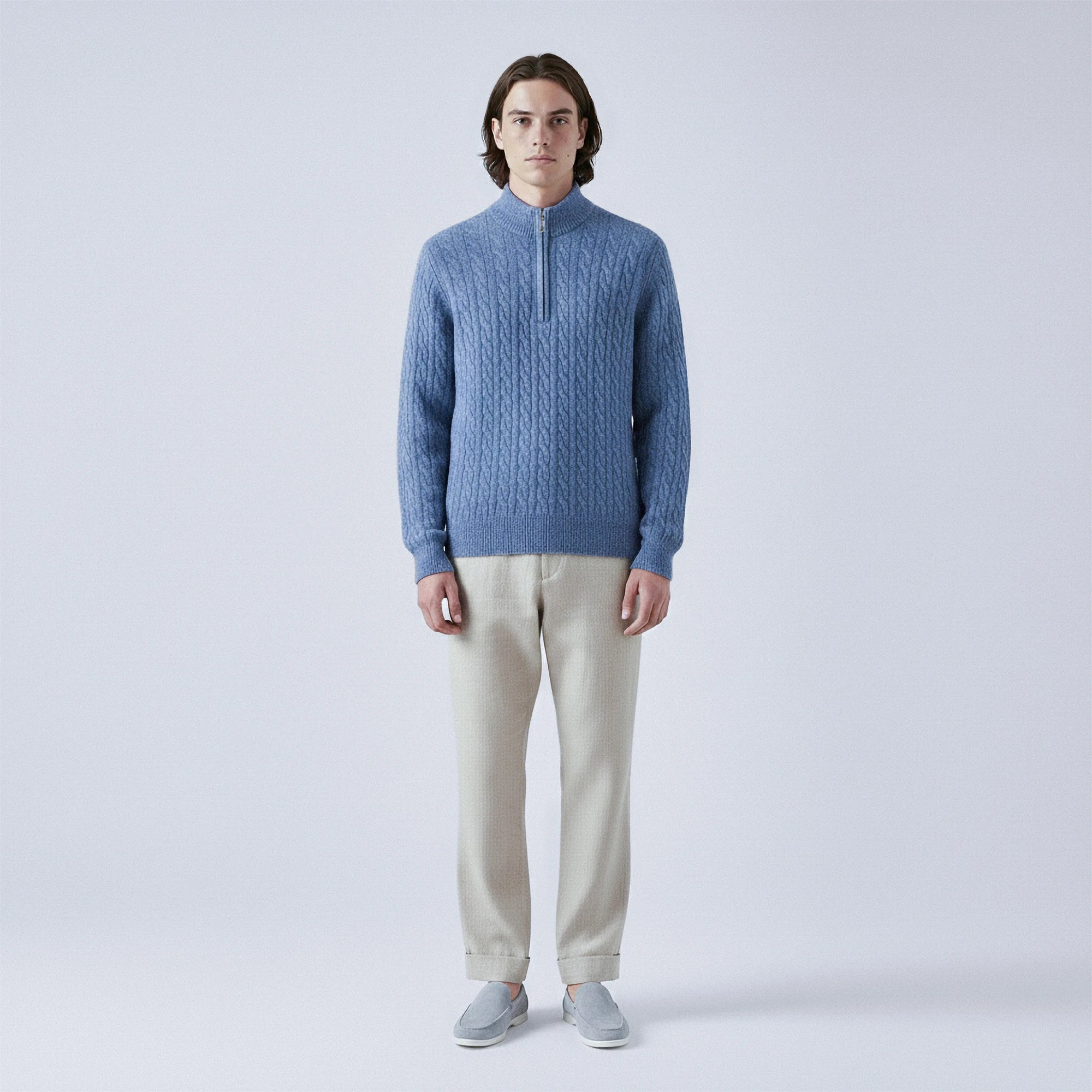 Cable-Knit 100% Wool Quarter-Zip Jumper