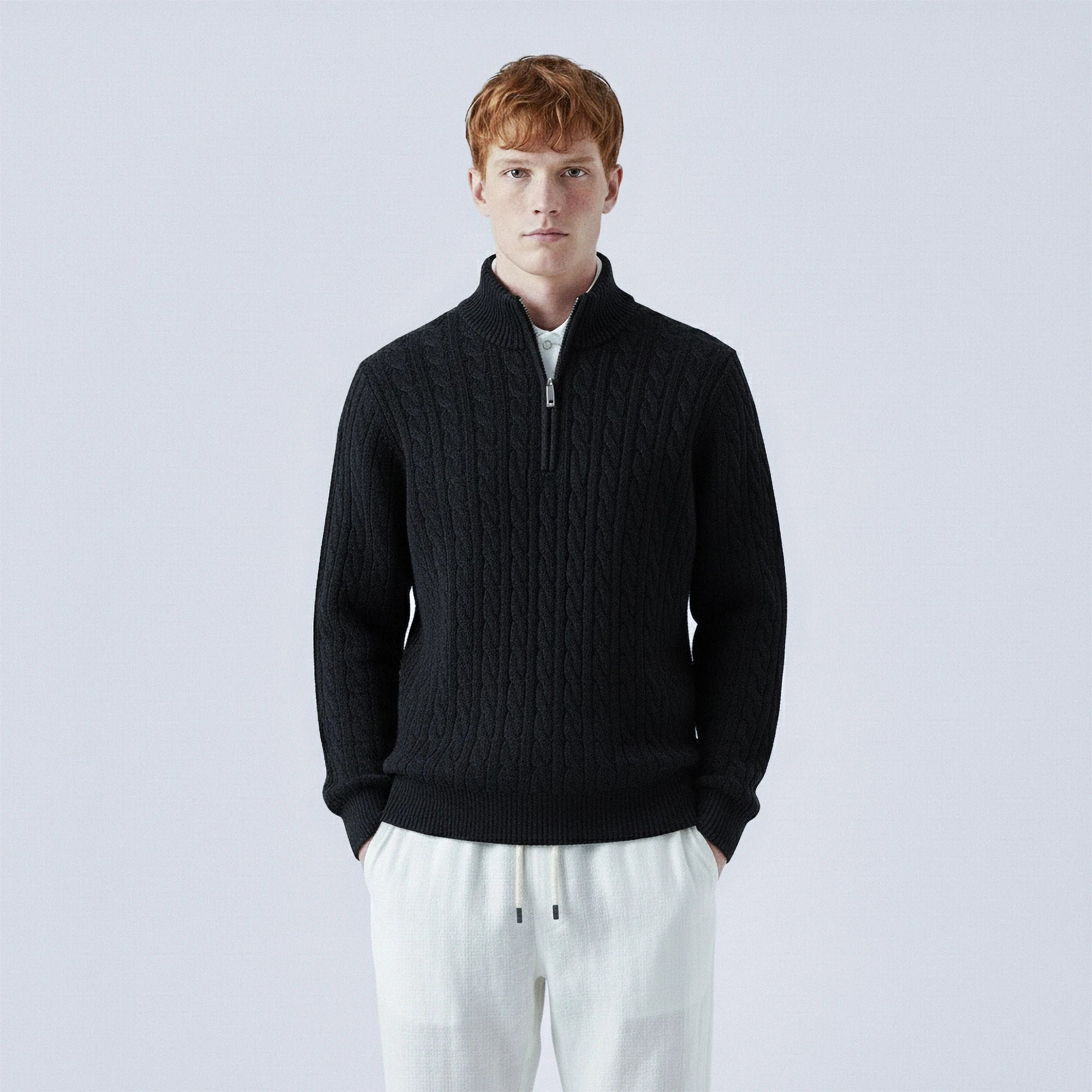 Cable-Knit 100% Wool Quarter-Zip Jumper