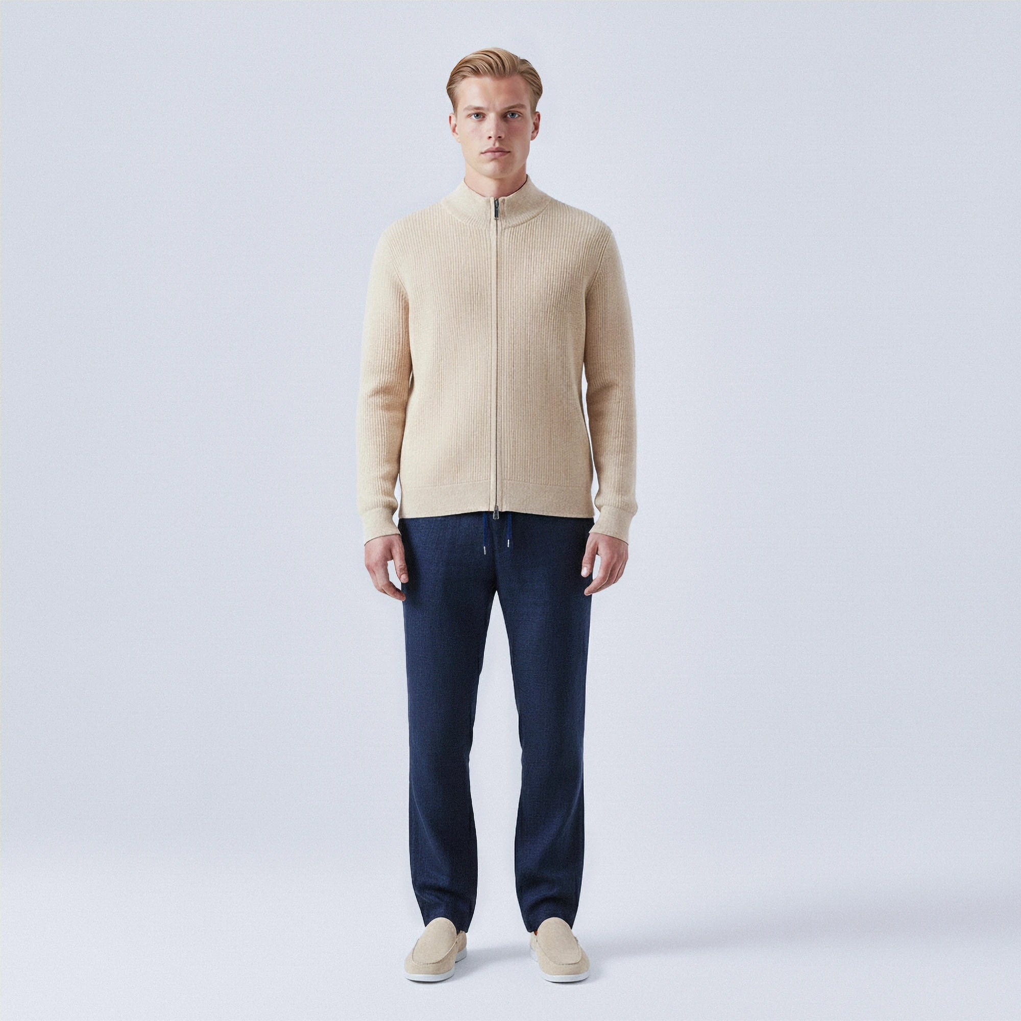 Rib-Knit 100% Wool Zip-Up Cardigan