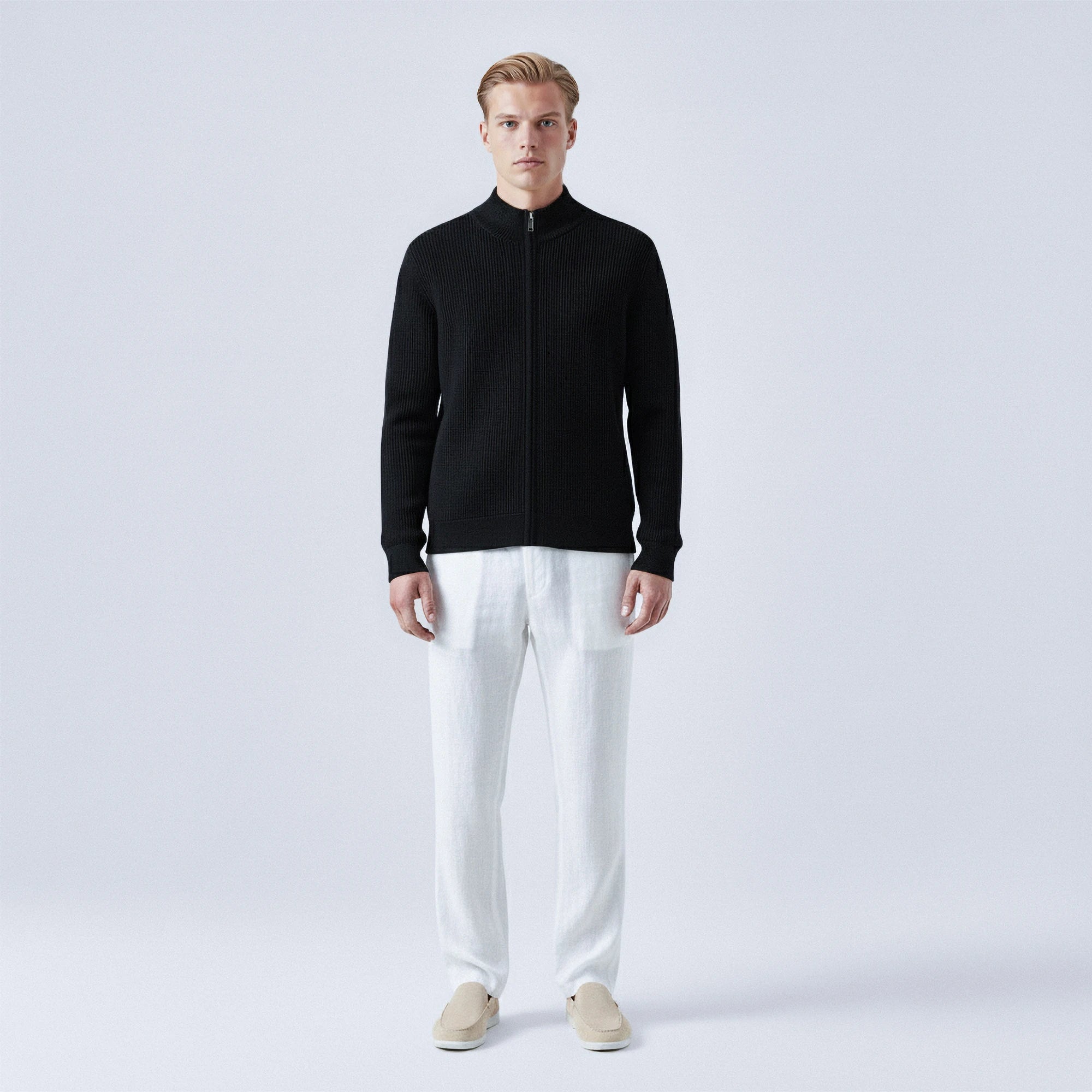 Rib-Knit 100% Wool Zip-Up Cardigan