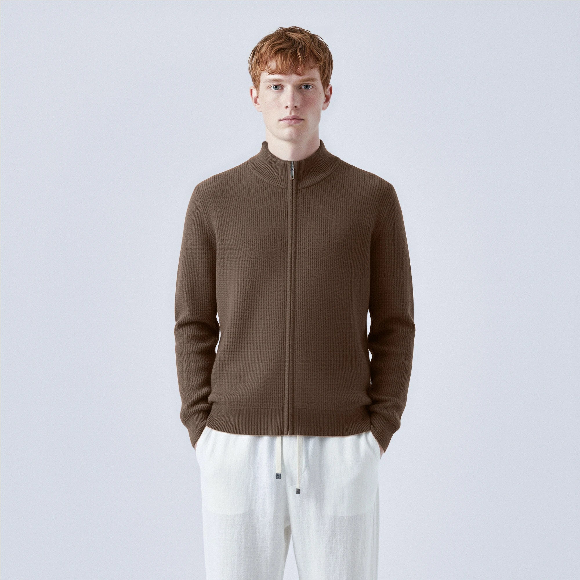 Rib-Knit 100% Wool Zip-Up Cardigan