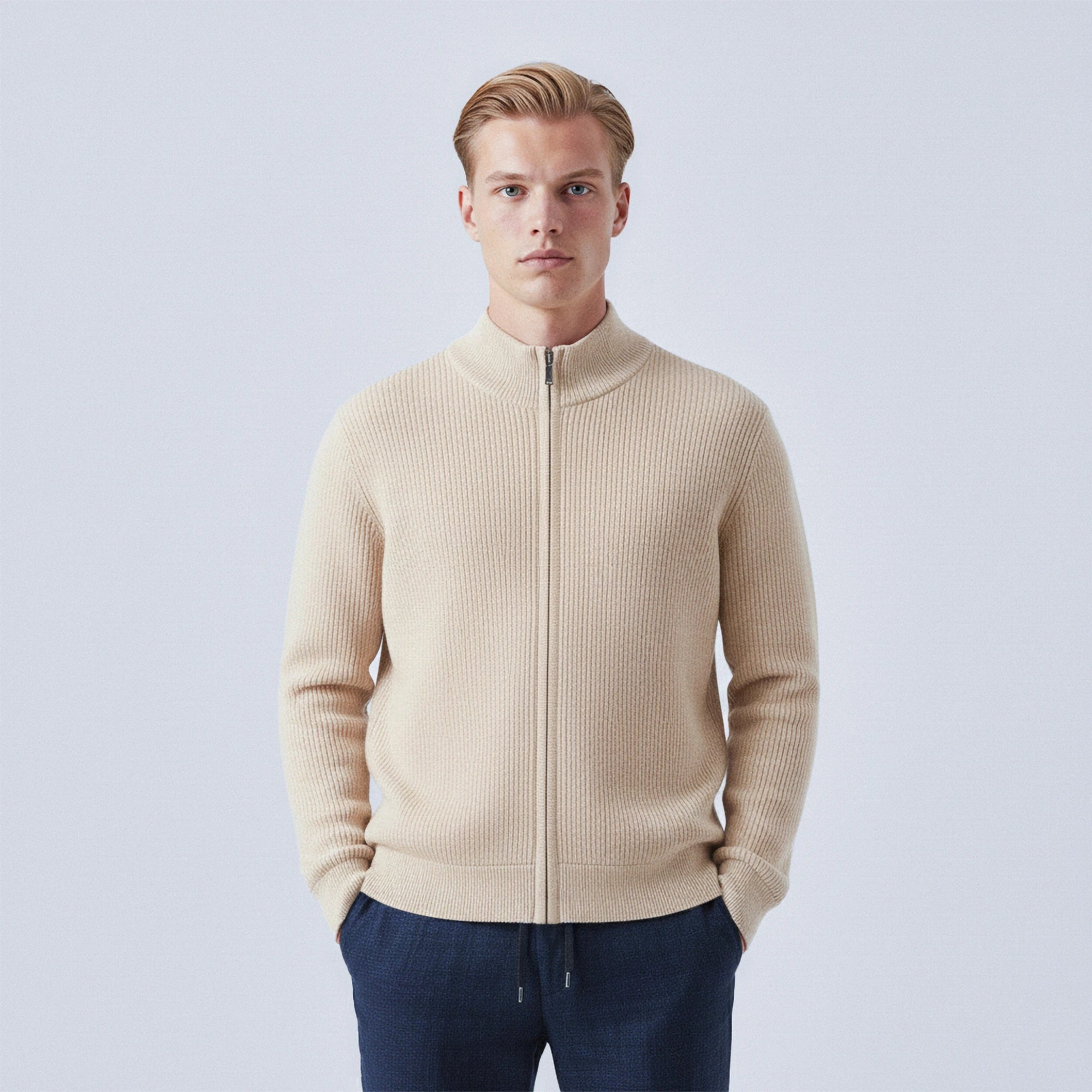 Rib-Knit 100% Wool Zip-Up Cardigan