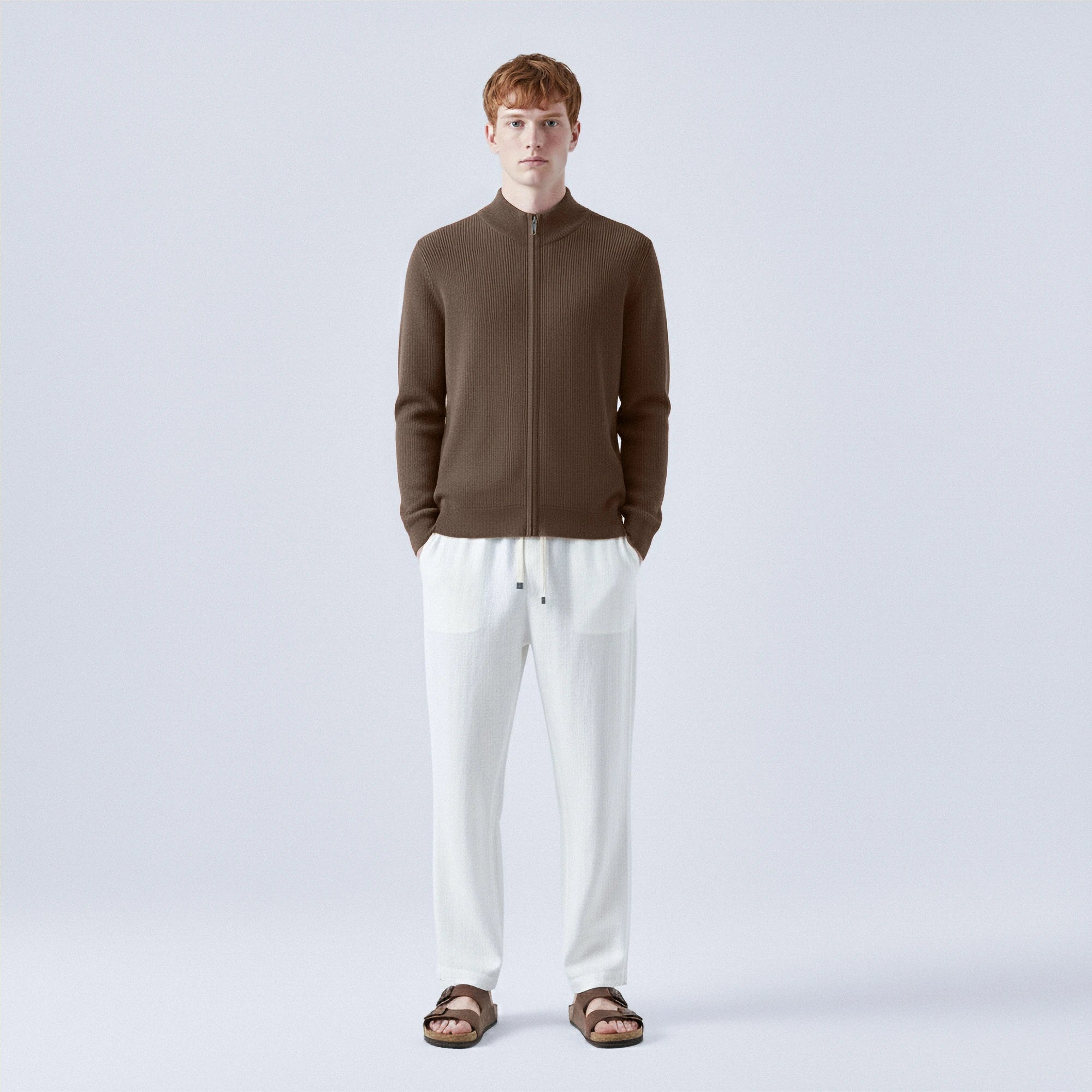 Rib-Knit 100% Wool Zip-Up Cardigan