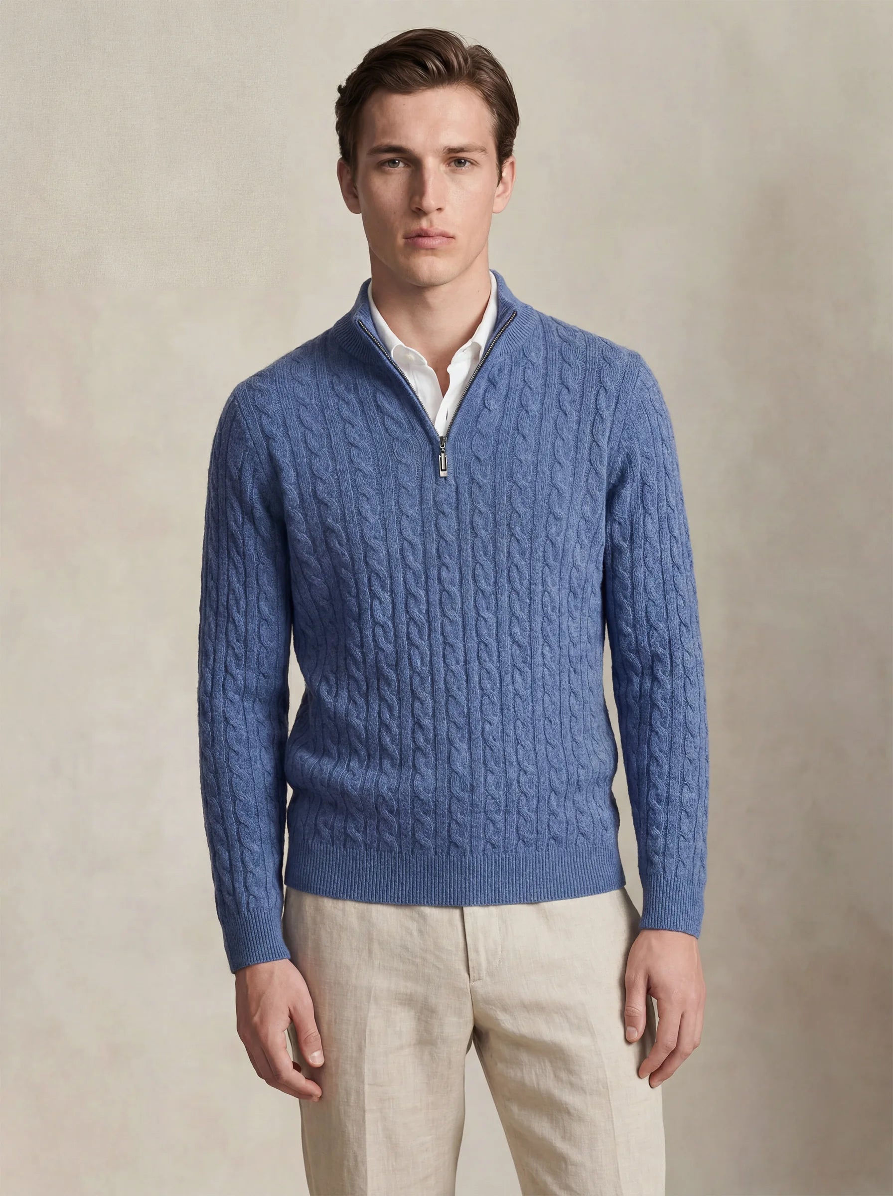 Cable Cashmere Half-Zip Light Blue