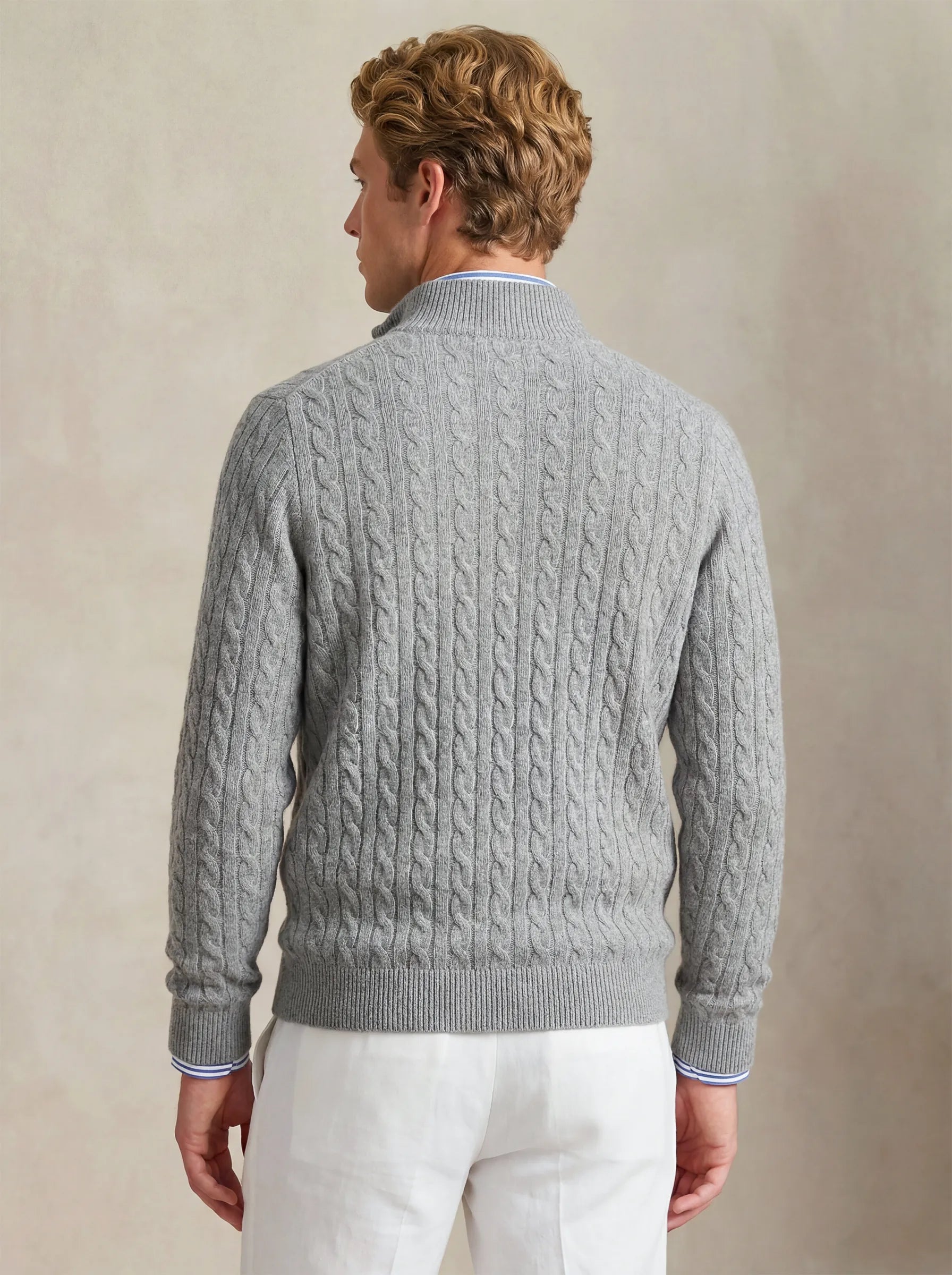 Cable Cashmere Half-Zip Light Grey