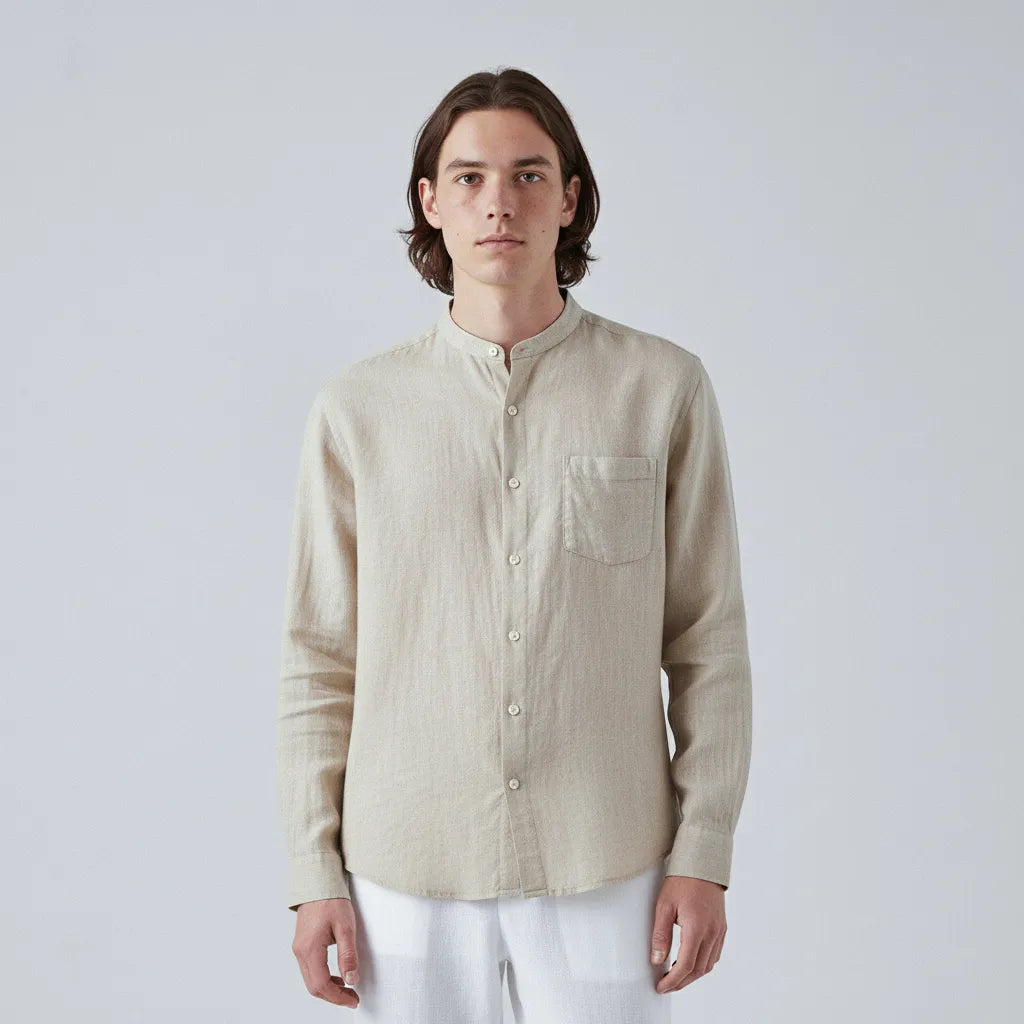 100% Linen Mandarin-Collar Shirt