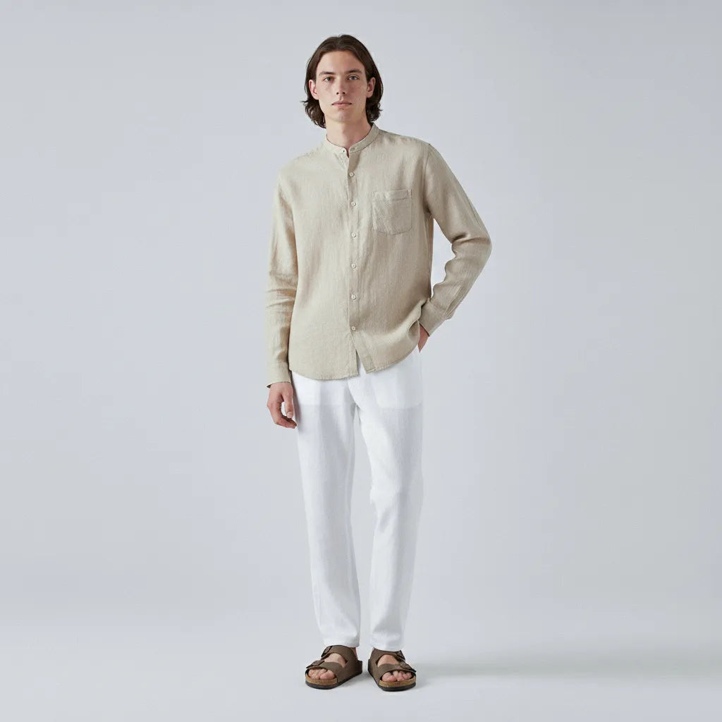 100% Linen Mandarin-Collar Shirt