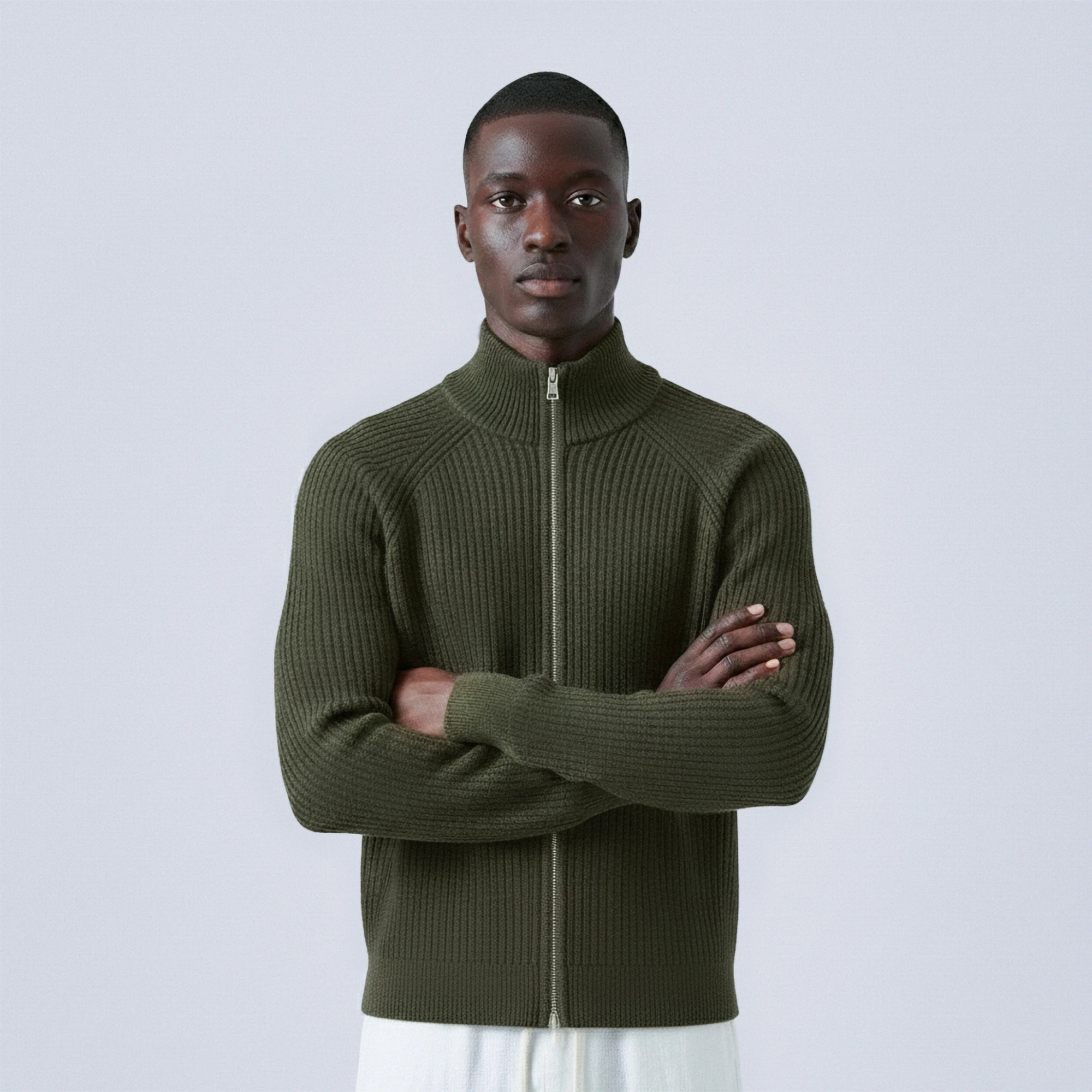 Rib-Knit Cotton Zip-Up Cardigan