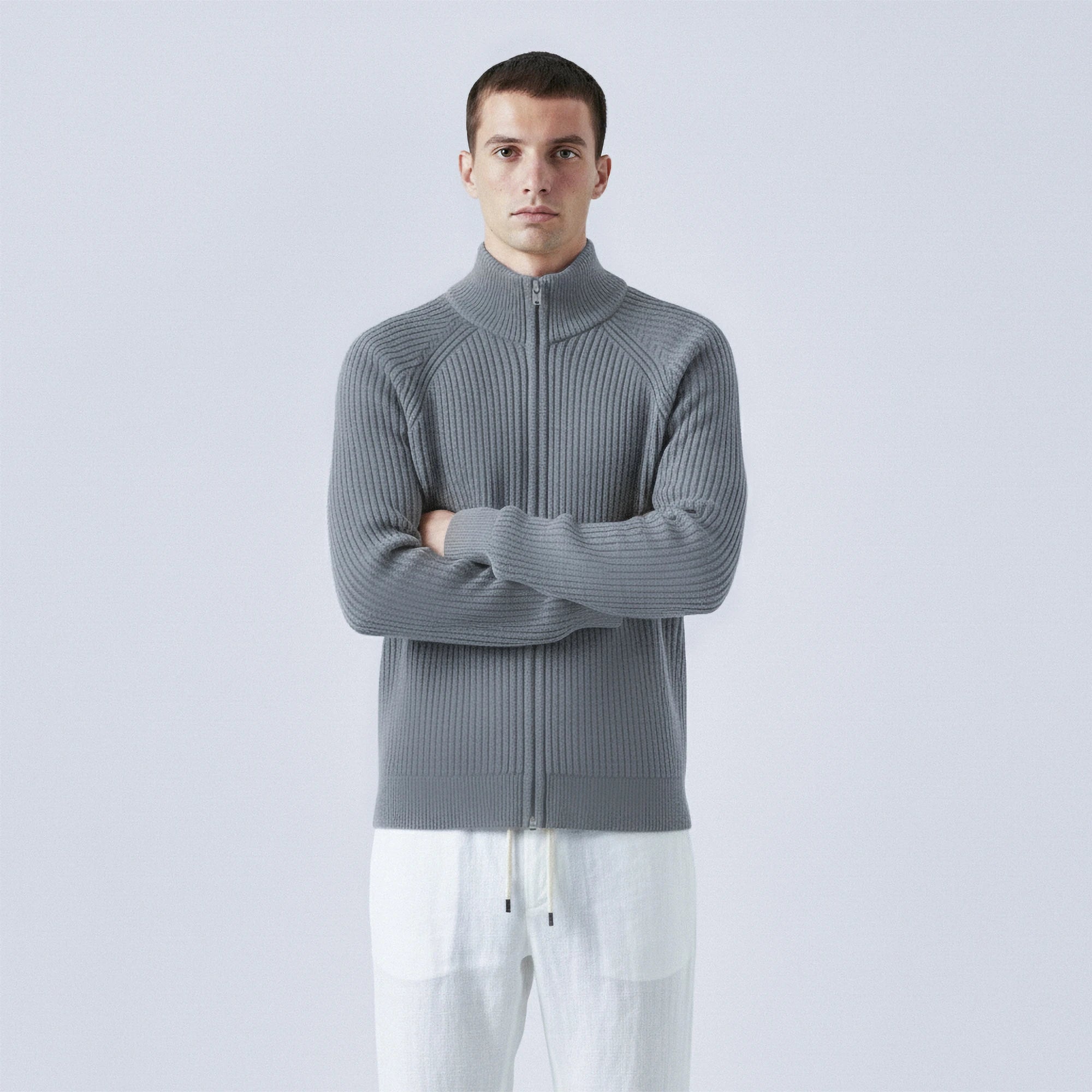 Rib-Knit Cotton Zip-Up Cardigan