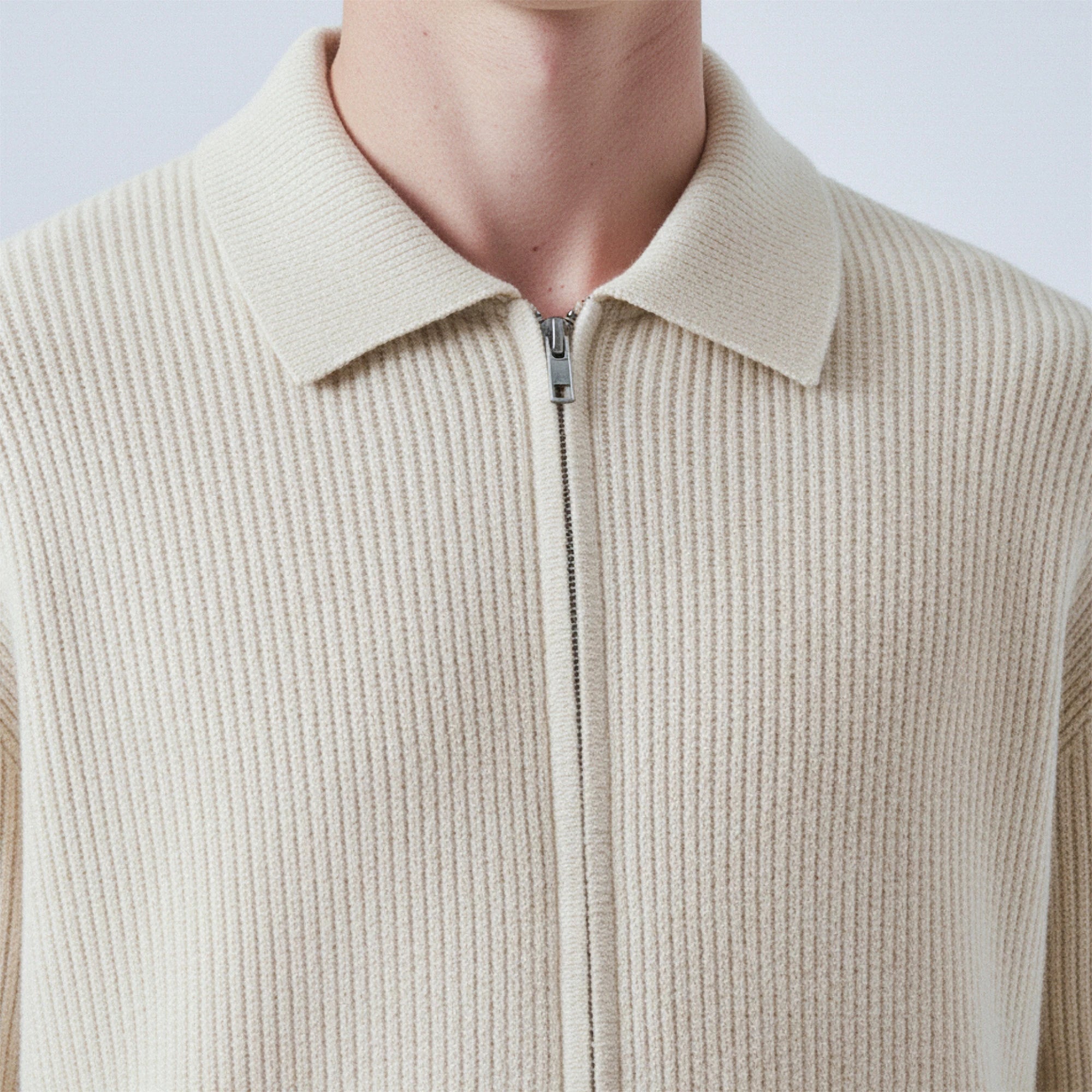 Rib-Knit Wool Polo-Collar Cardigan