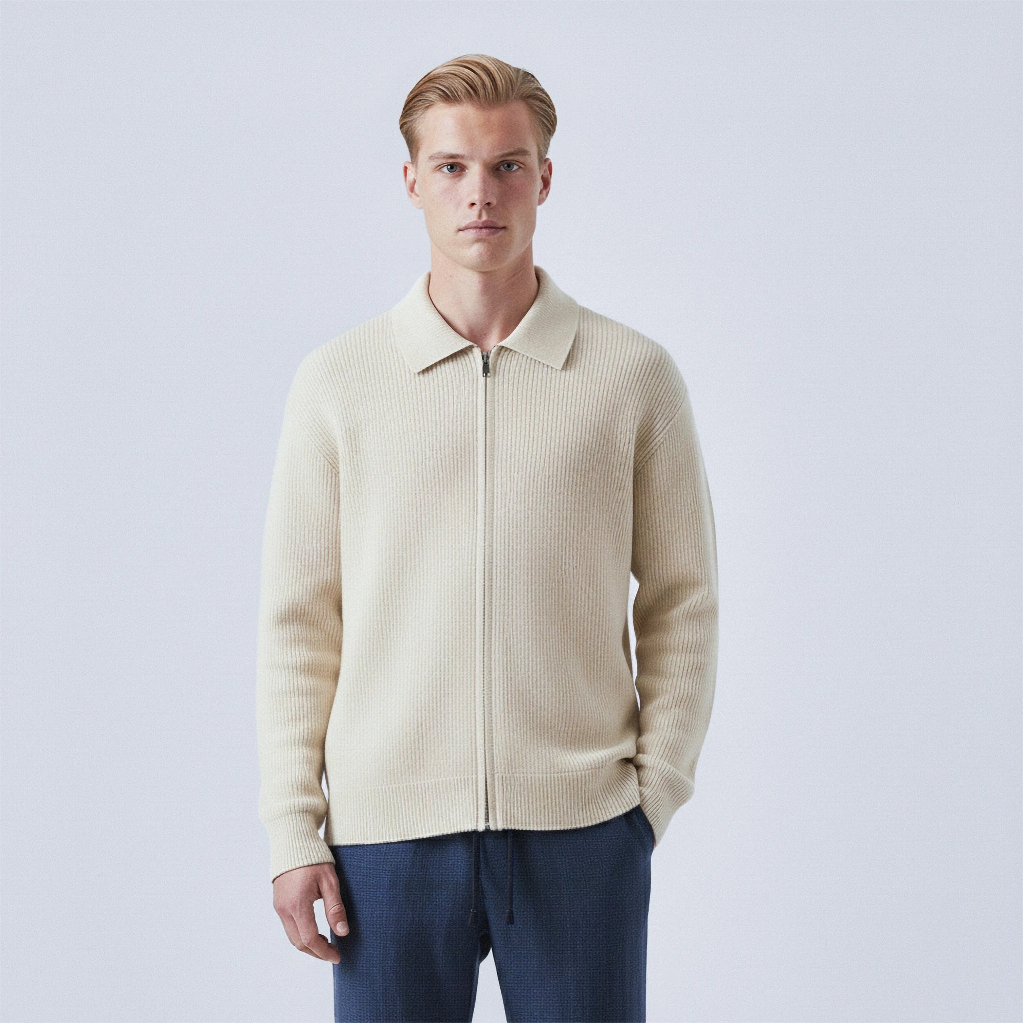 Rib-Knit Wool Polo-Collar Cardigan
