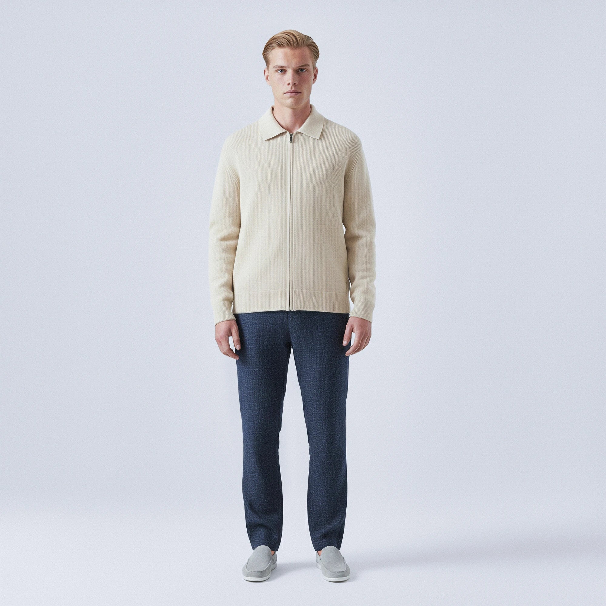 Rib-Knit Wool Polo-Collar Cardigan