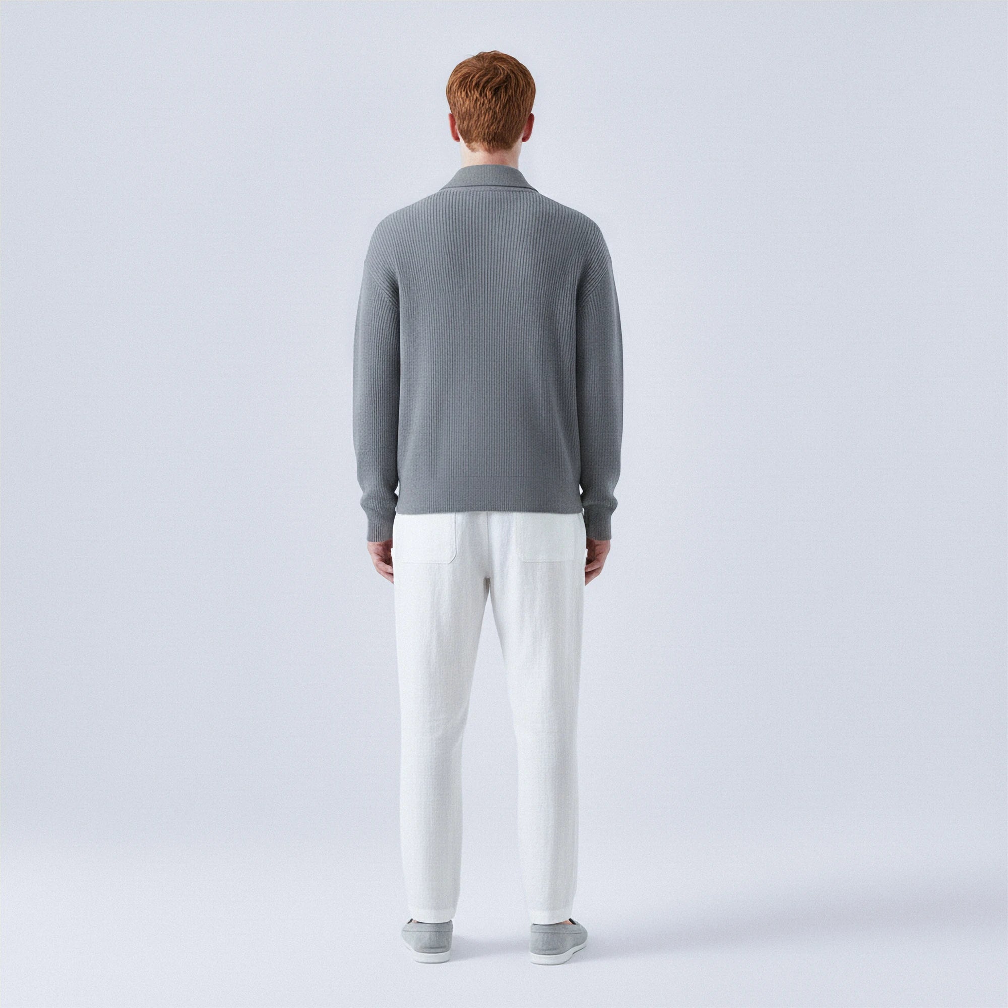 Rib-Knit Wool Polo-Collar Cardigan