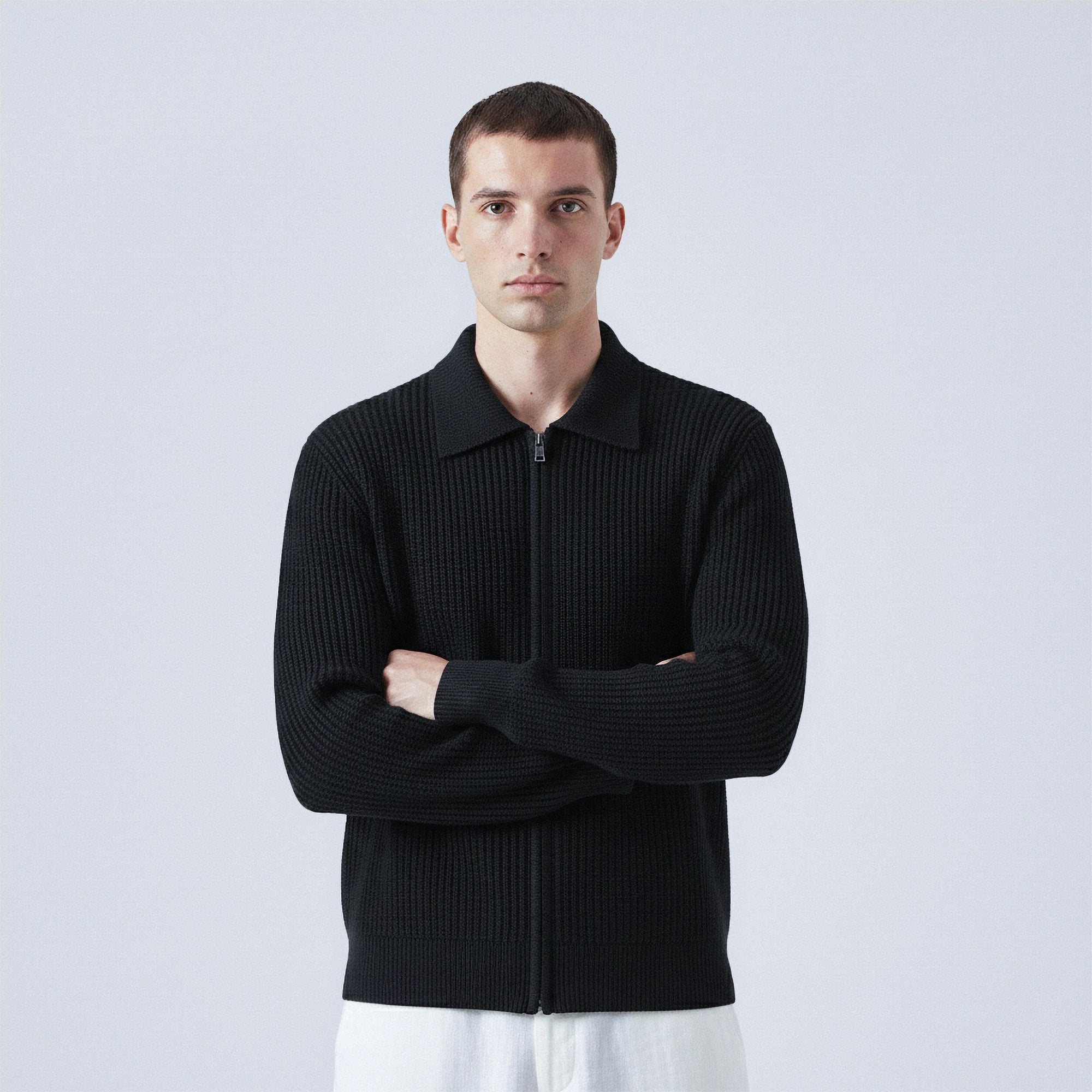Rib-Knit Wool Polo-Collar Cardigan