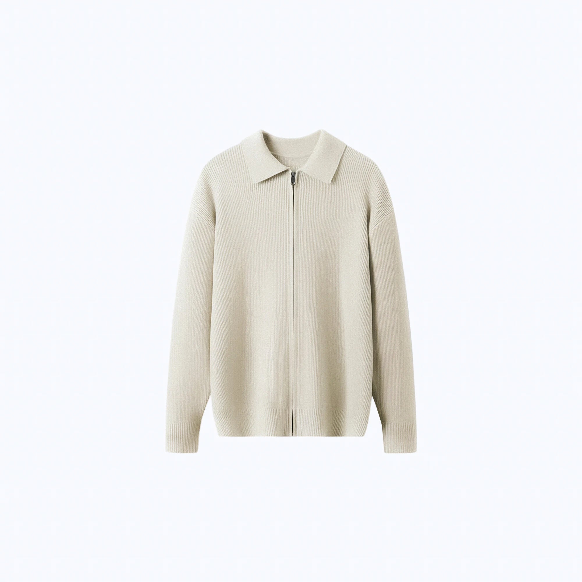 Rib-Knit Wool Polo-Collar Cardigan