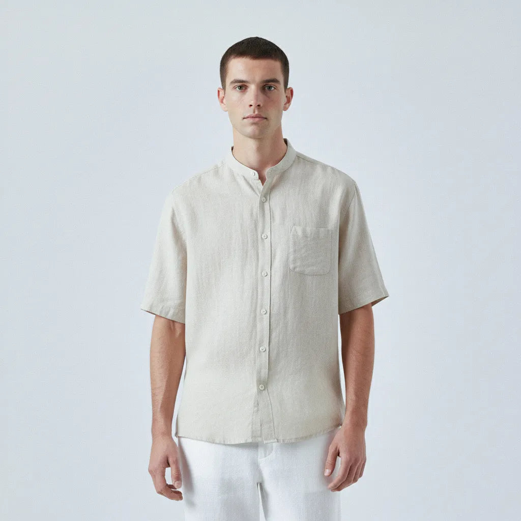 100% Linen Short-Sleeve Mandarin-Collar Shirt