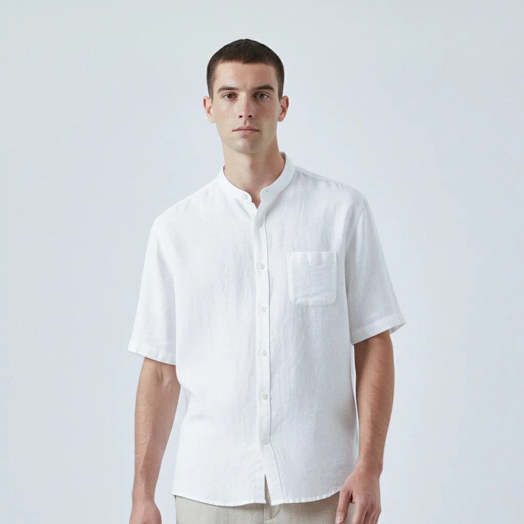 100% Linen Short-Sleeve Mandarin-Collar Shirt