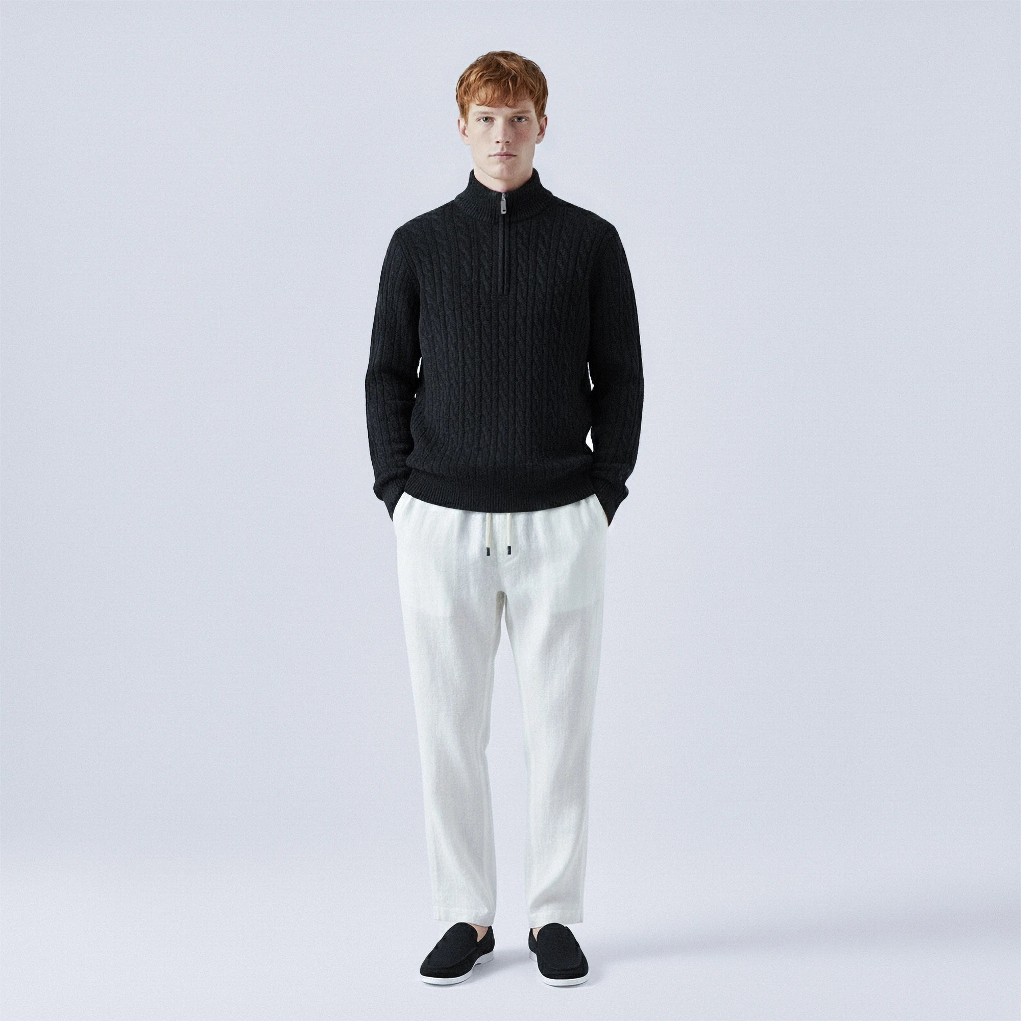 Cable-Knit 100% Wool Quarter-Zip Jumper
