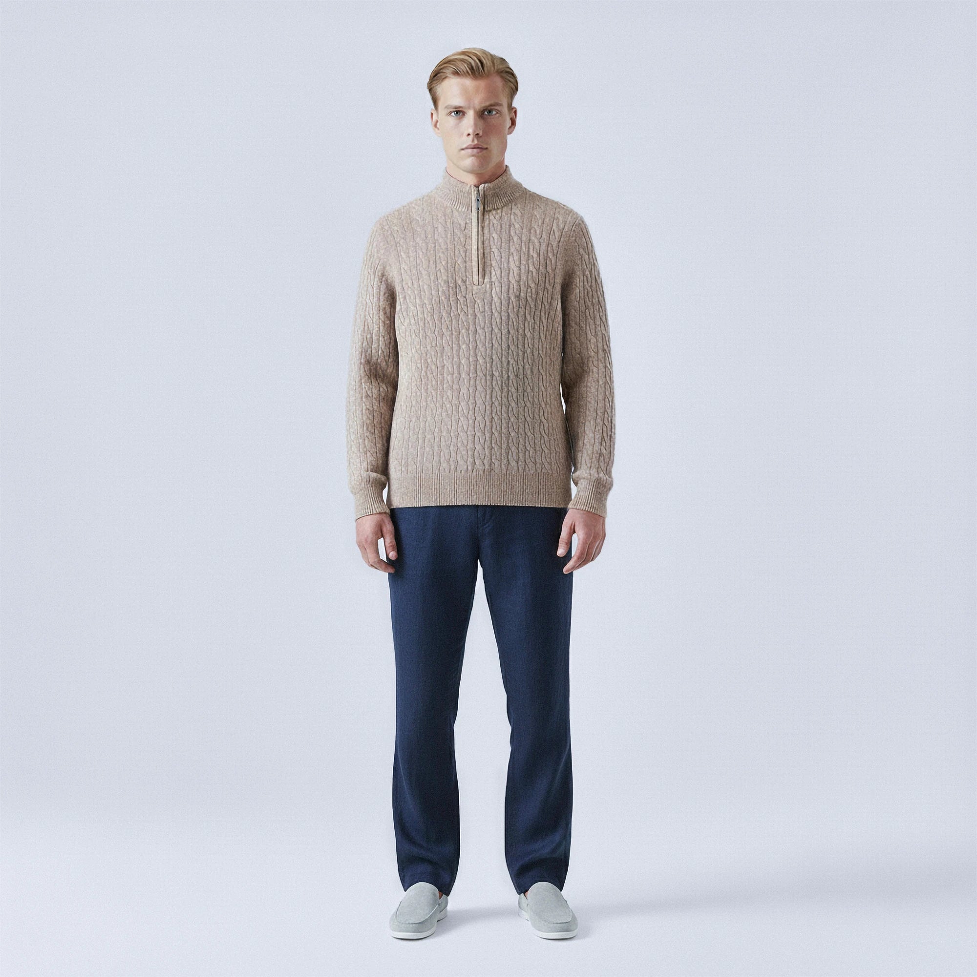 Cable-Knit 100% Wool Quarter-Zip Jumper