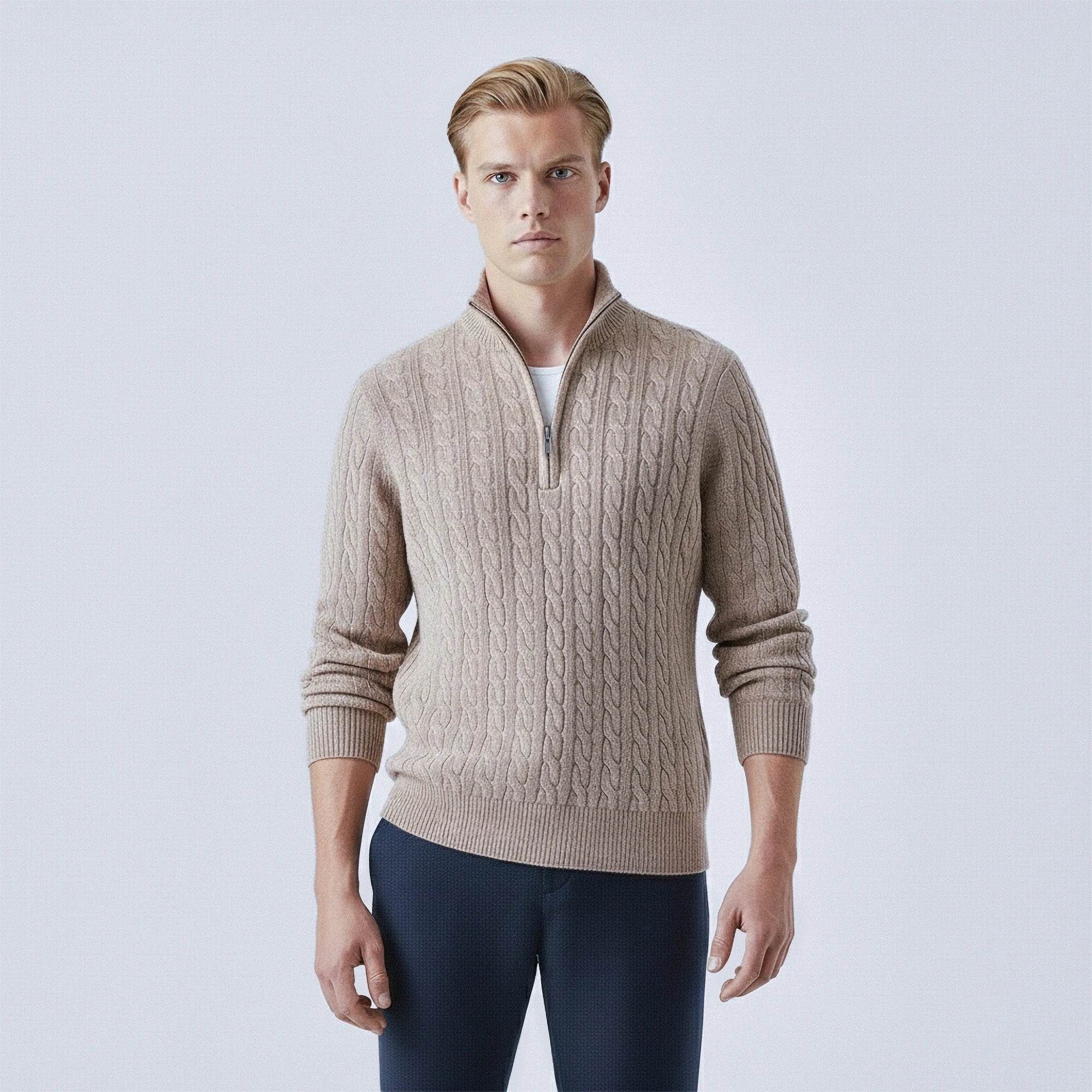 Cable-Knit 100% Wool Quarter-Zip Jumper