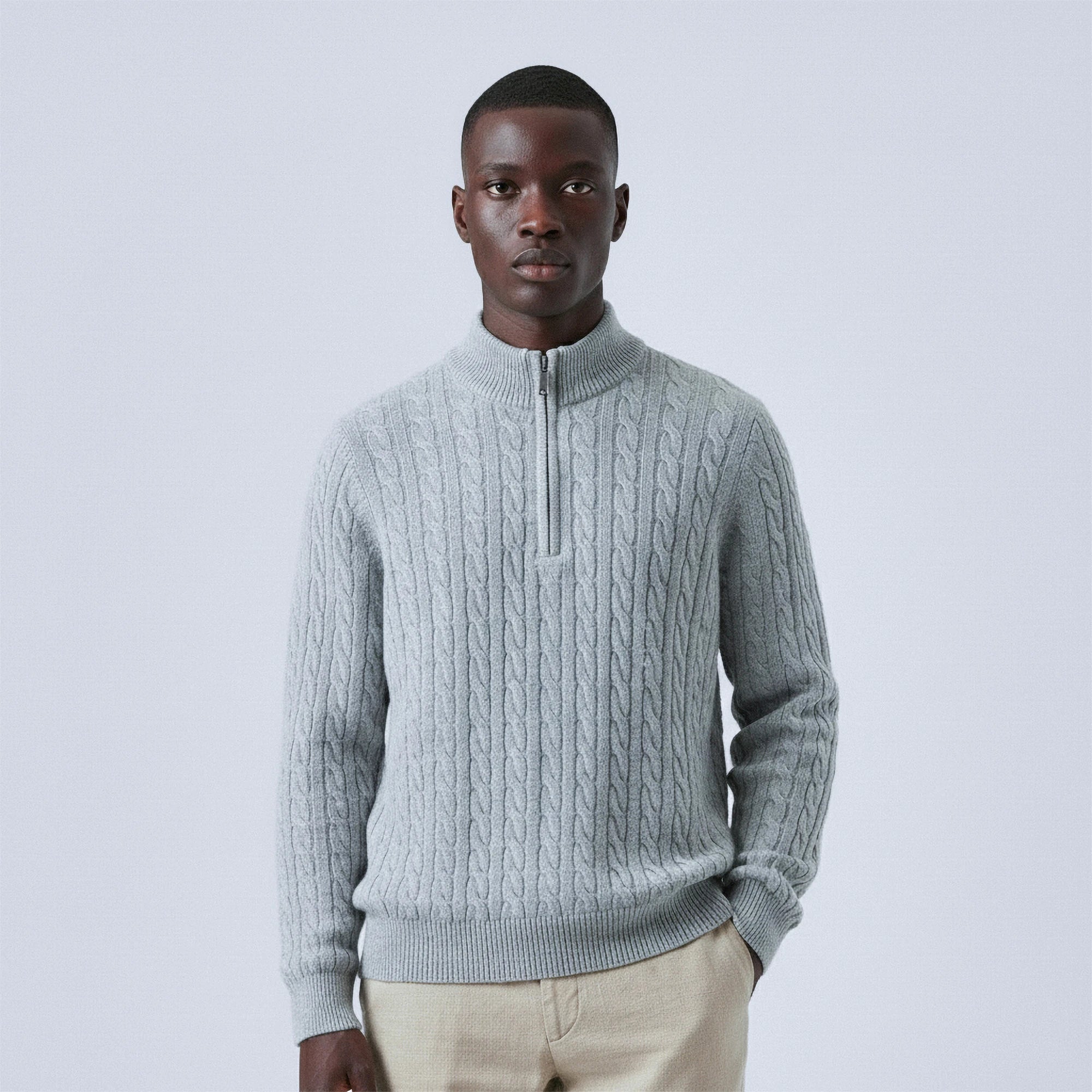 Cable-Knit 100% Wool Quarter-Zip Jumper