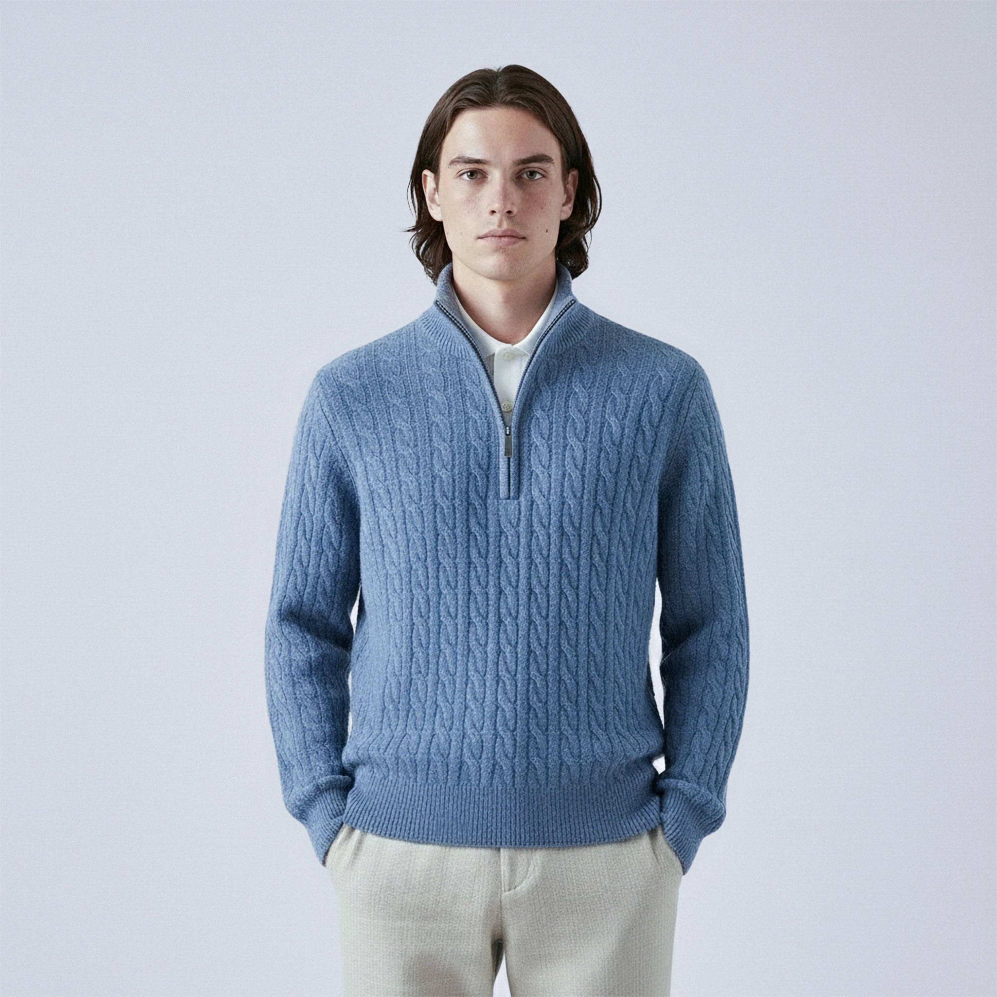 Cable-Knit 100% Wool Quarter-Zip Jumper