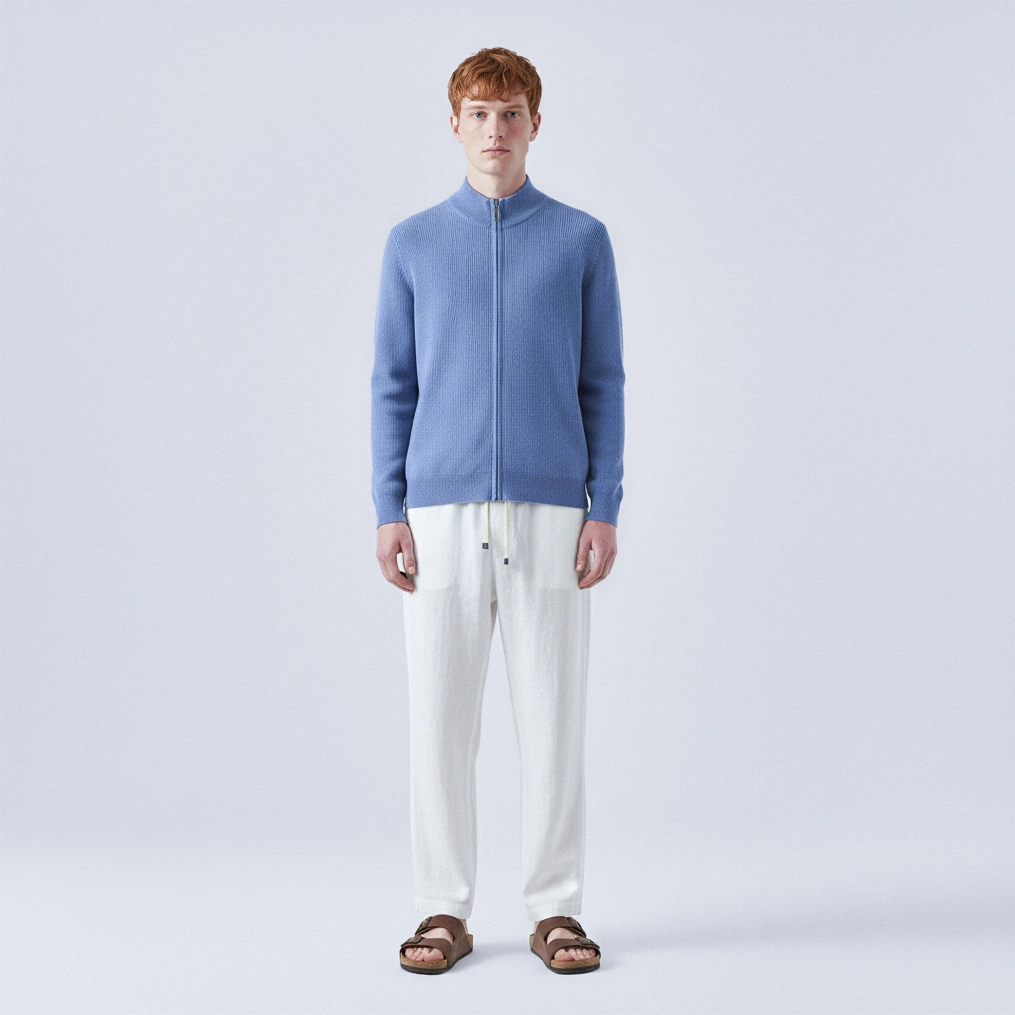 Rib-Knit 100% Wool Zip-Up Cardigan