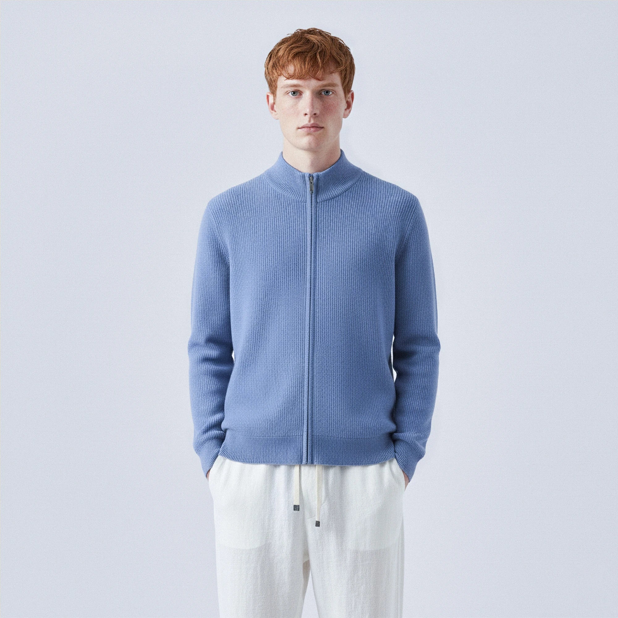 Rib-Knit 100% Wool Zip-Up Cardigan