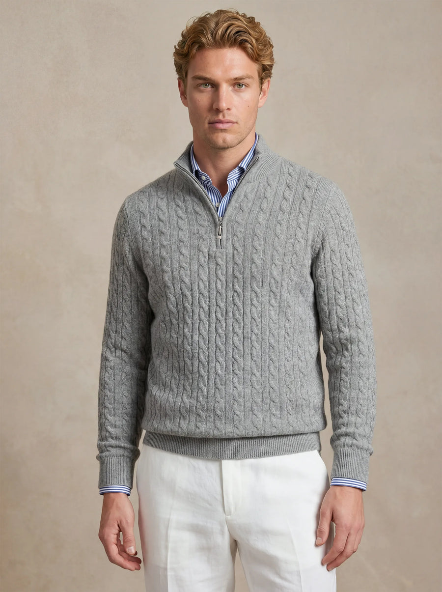 Cable Cashmere Half-Zip Light Grey