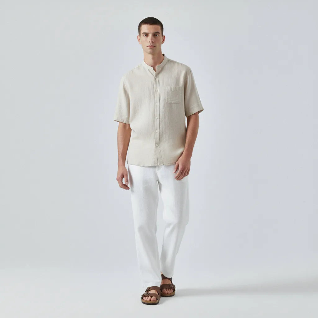 100% Linen Short-Sleeve Mandarin-Collar Shirt