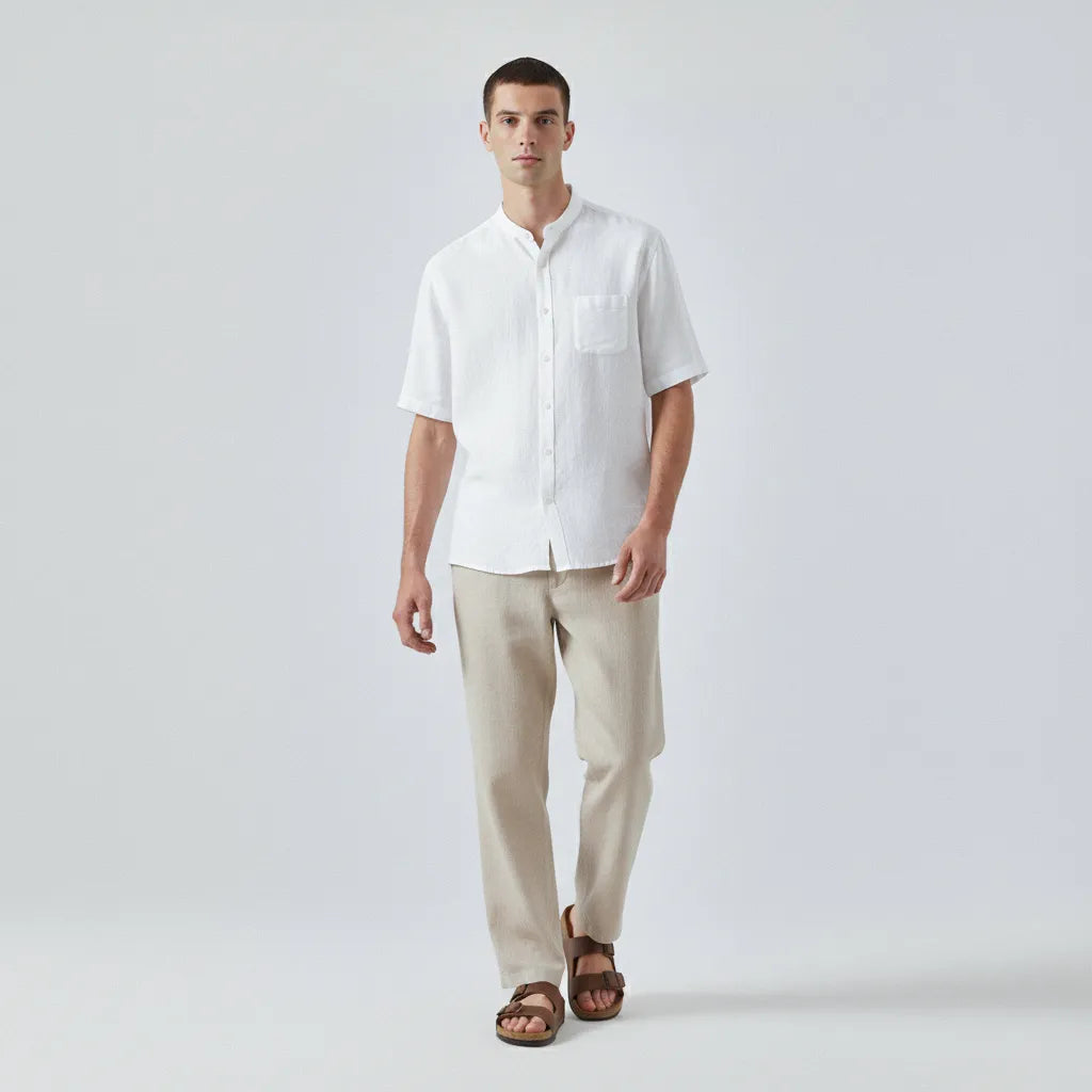 100% Linen Short-Sleeve Mandarin-Collar Shirt