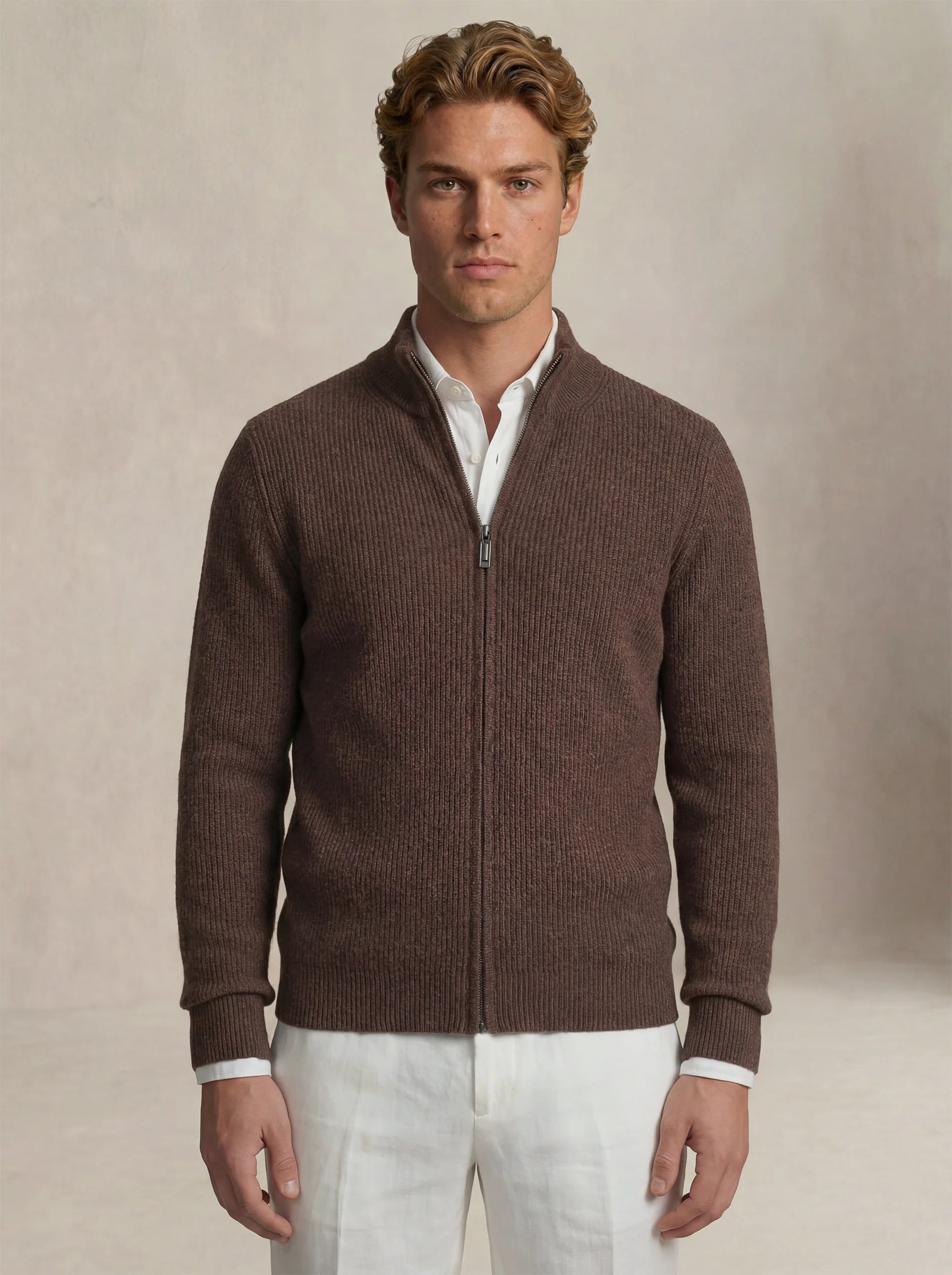 Cashmere Zip-Up Cardigan Brown