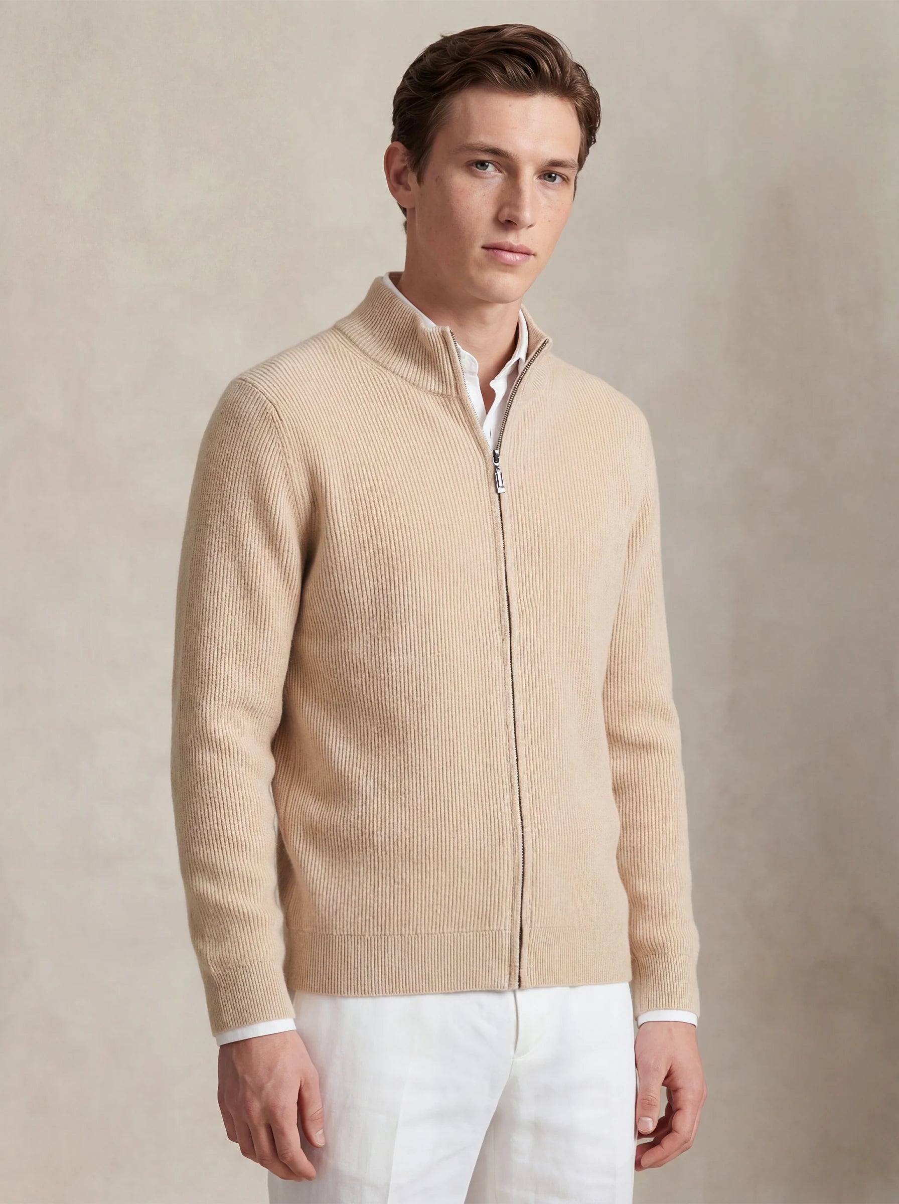 Cashmere Zip-Up Cardigan Light Beige