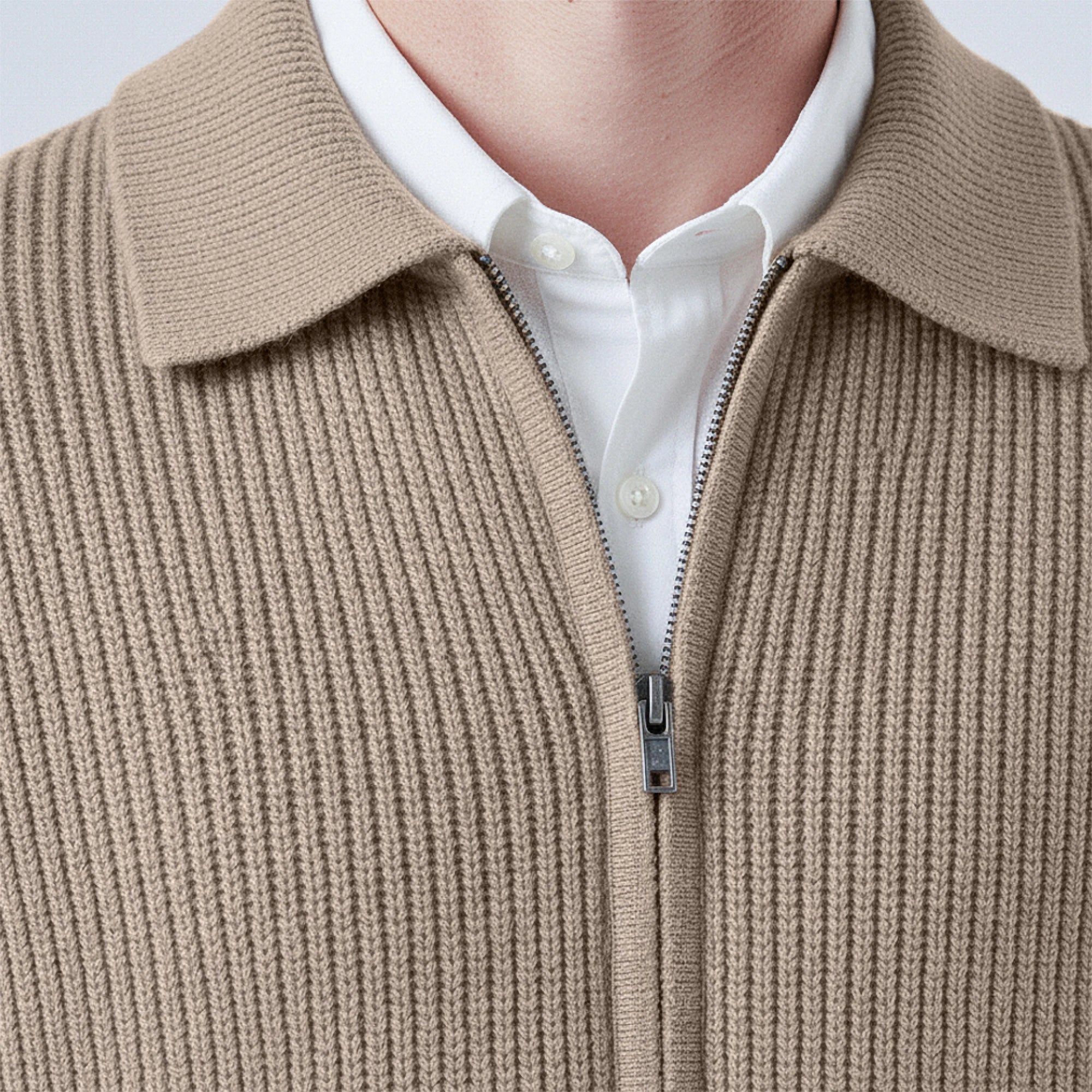Rib-Knit Wool Polo-Collar Cardigan