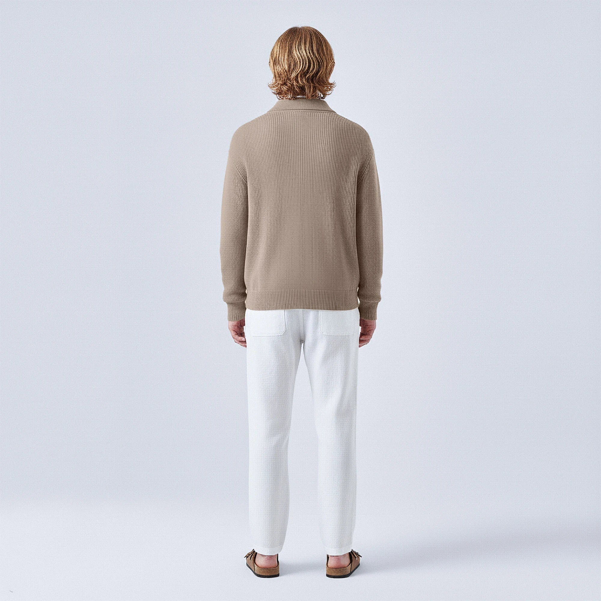 Rib-Knit Wool Polo-Collar Cardigan