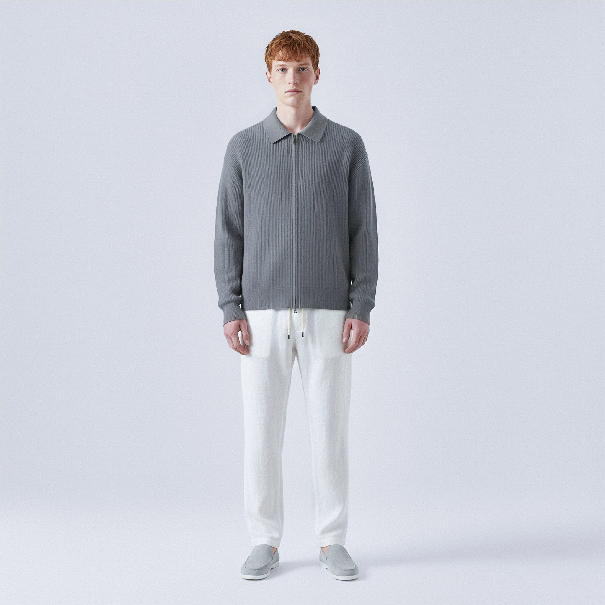 Rib-Knit Wool Polo-Collar Cardigan