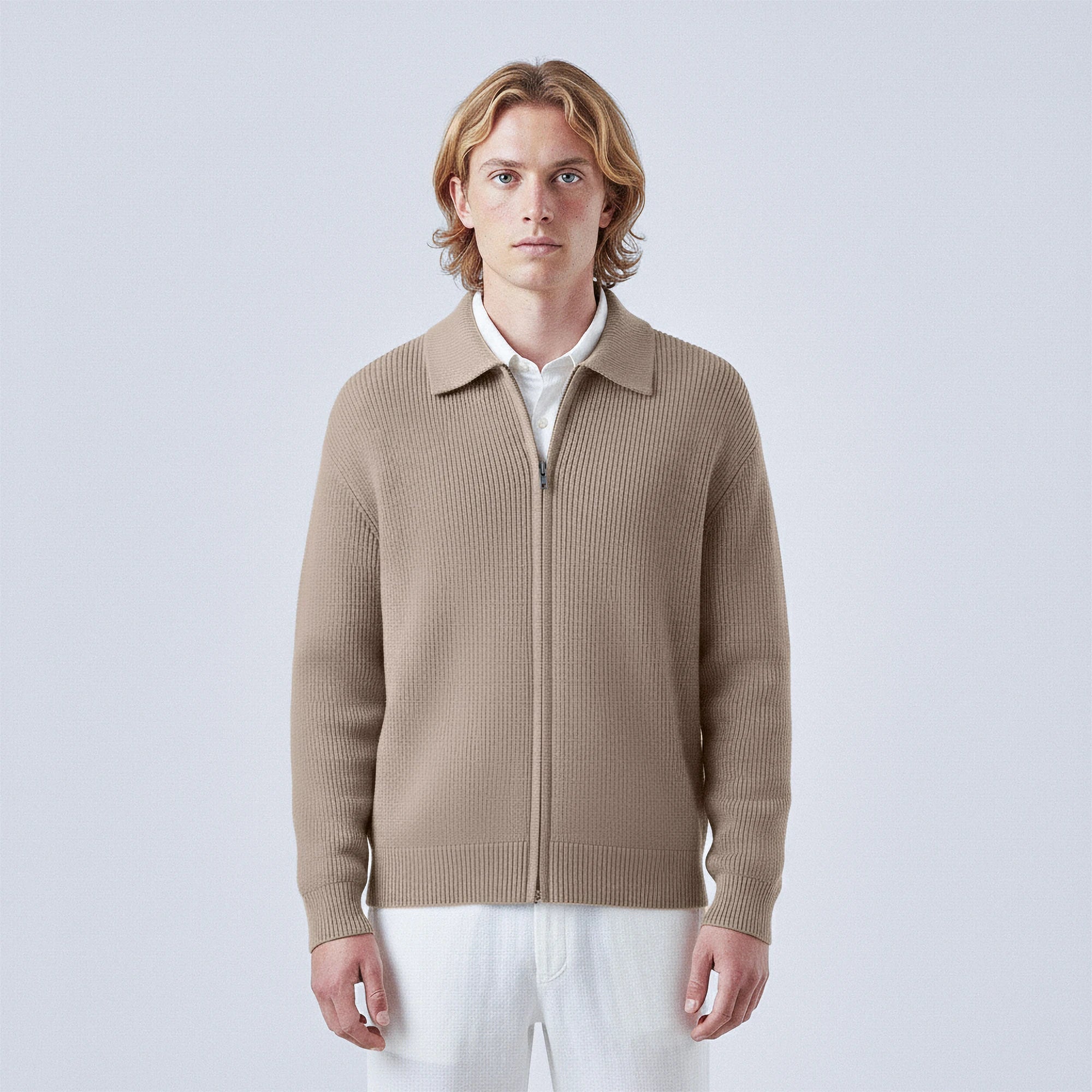 Rib-Knit Wool Polo-Collar Cardigan