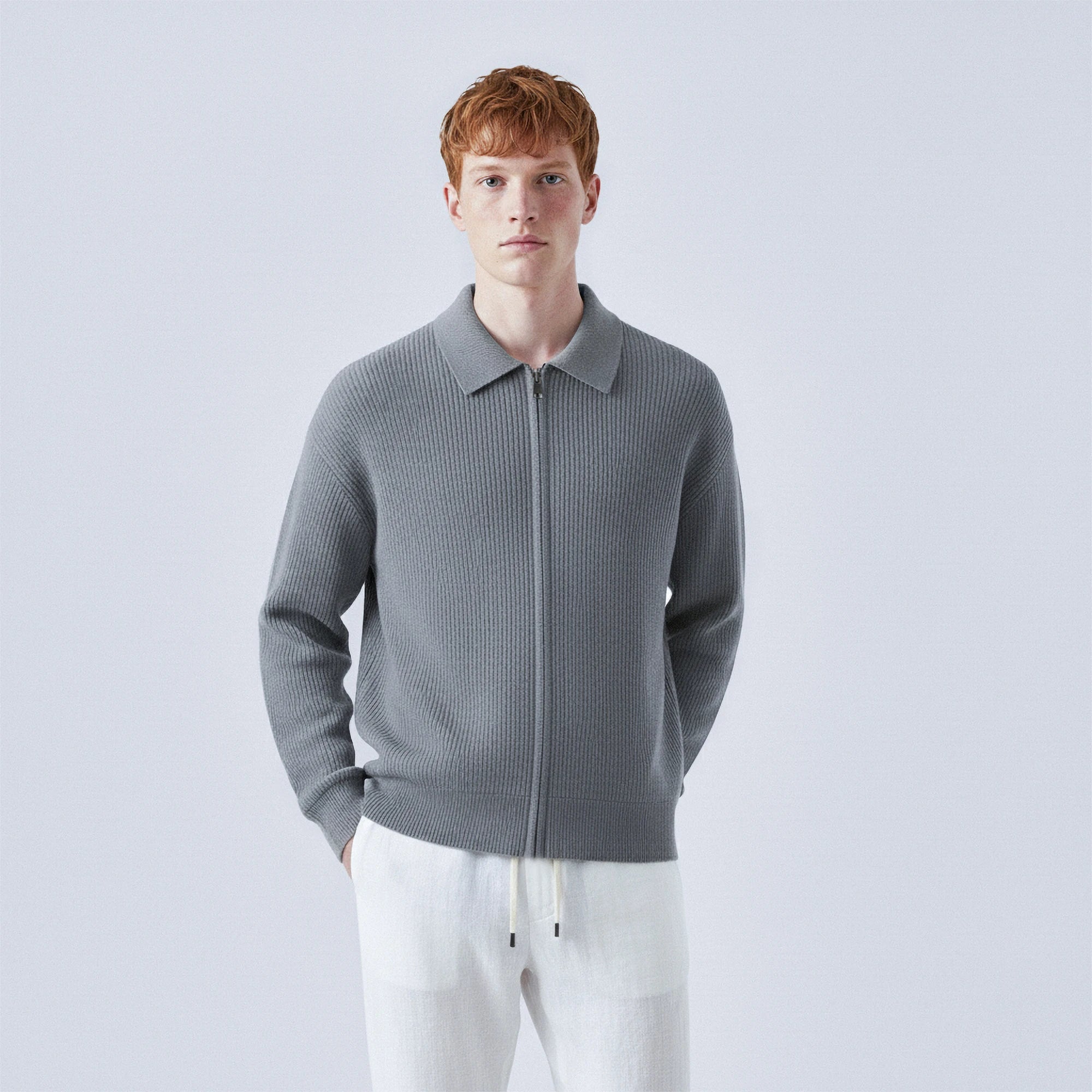 Rib-Knit Wool Polo-Collar Cardigan