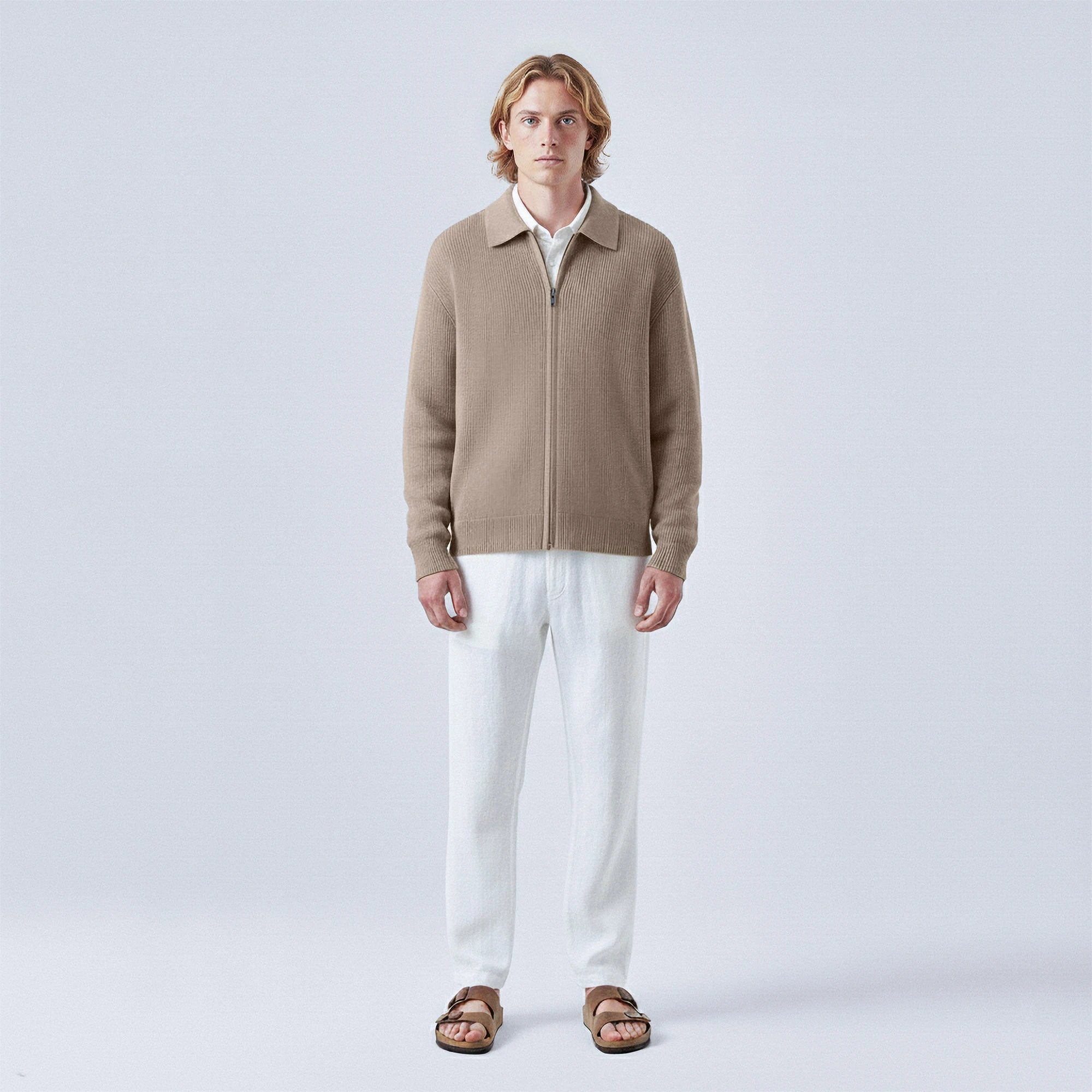 Rib-Knit Wool Polo-Collar Cardigan