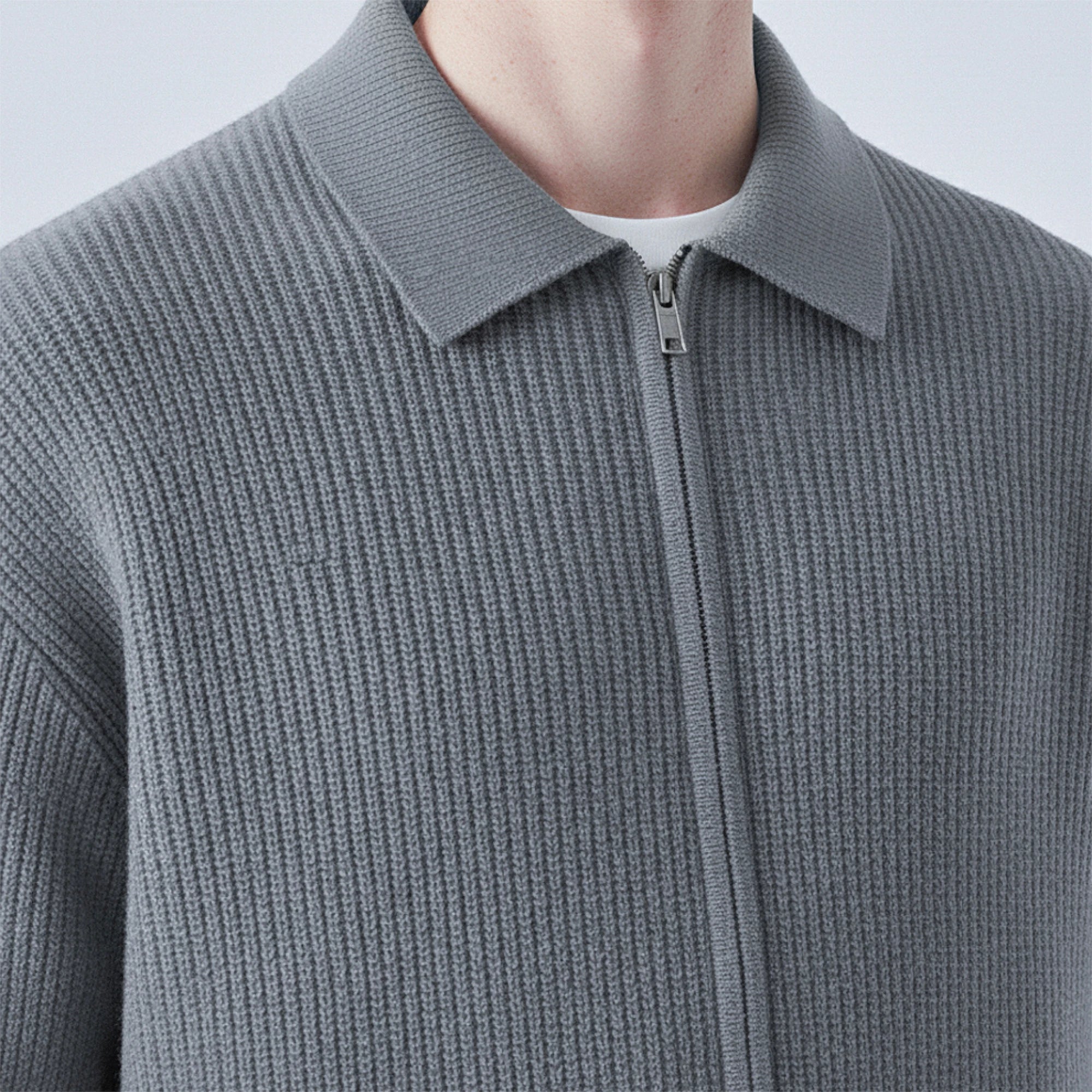 Rib-Knit Wool Polo-Collar Cardigan
