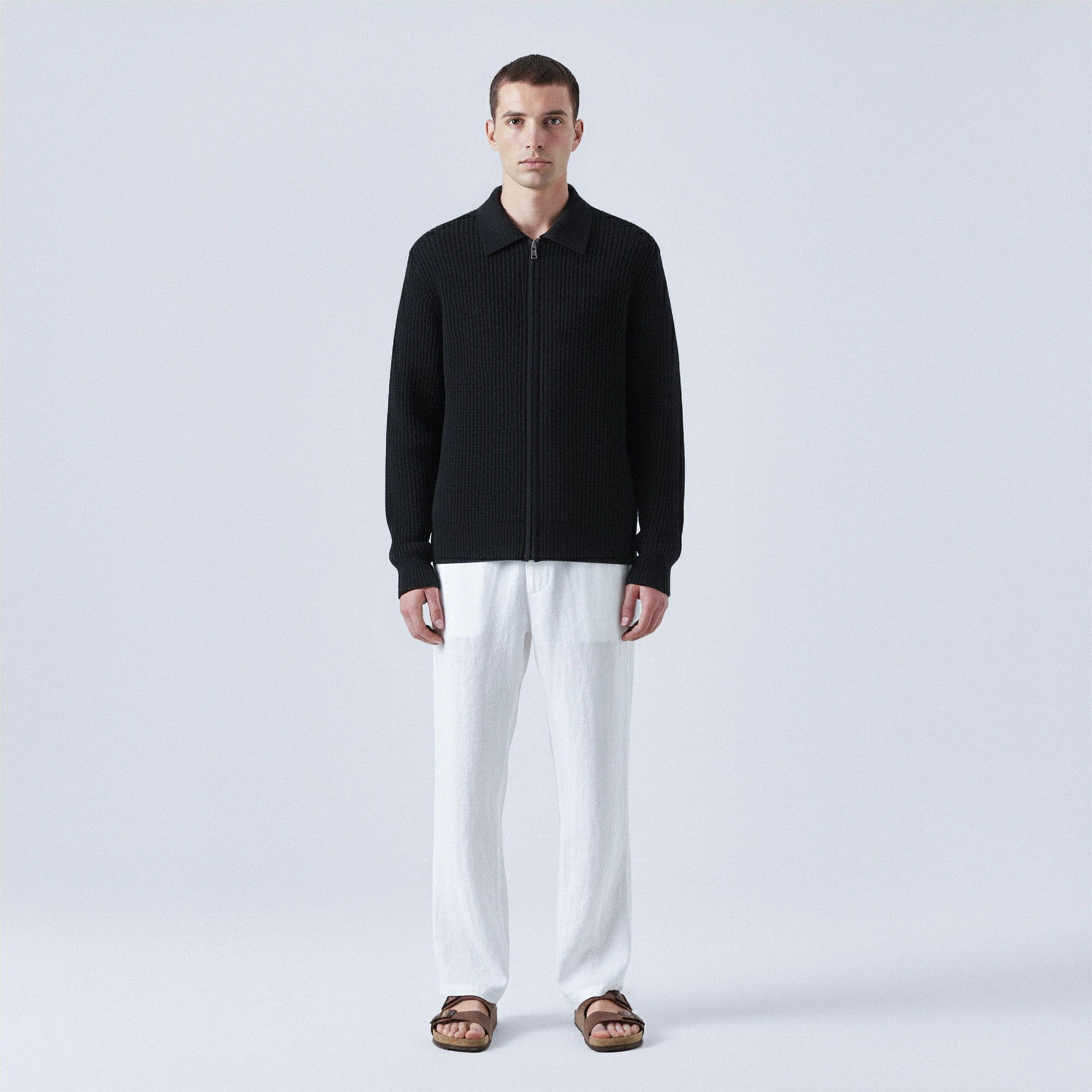 Rib-Knit Wool Polo-Collar Cardigan