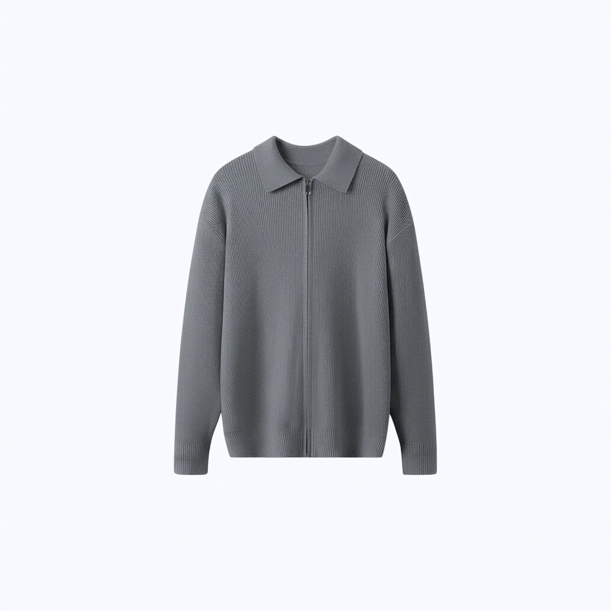 Rib-Knit Wool Polo-Collar Cardigan
